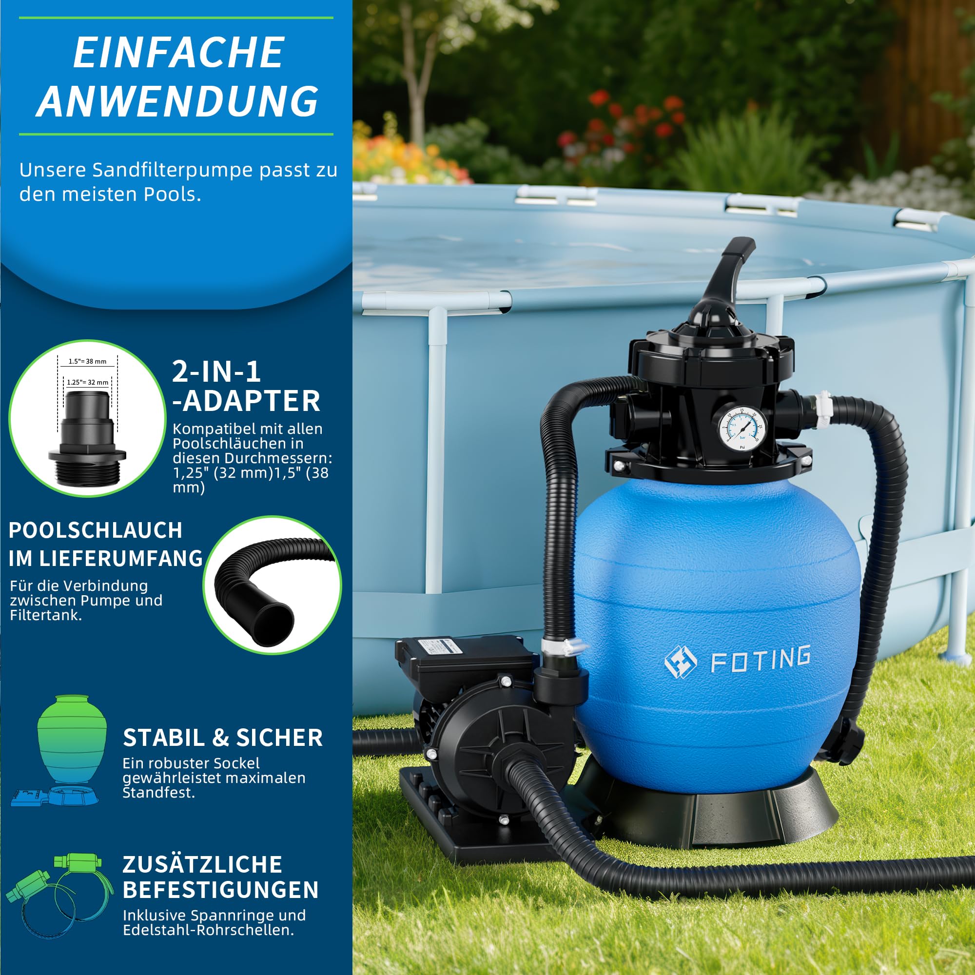FOTING Système de Filtre à Sable pour Piscine 9 000 L/h (9 m³/h) INCL. 200 g de Billes Filtrantes, Filtre de Piscine avec Vanne 7 Voies, Adaptateur 2-en-1 Ø32–38 mm