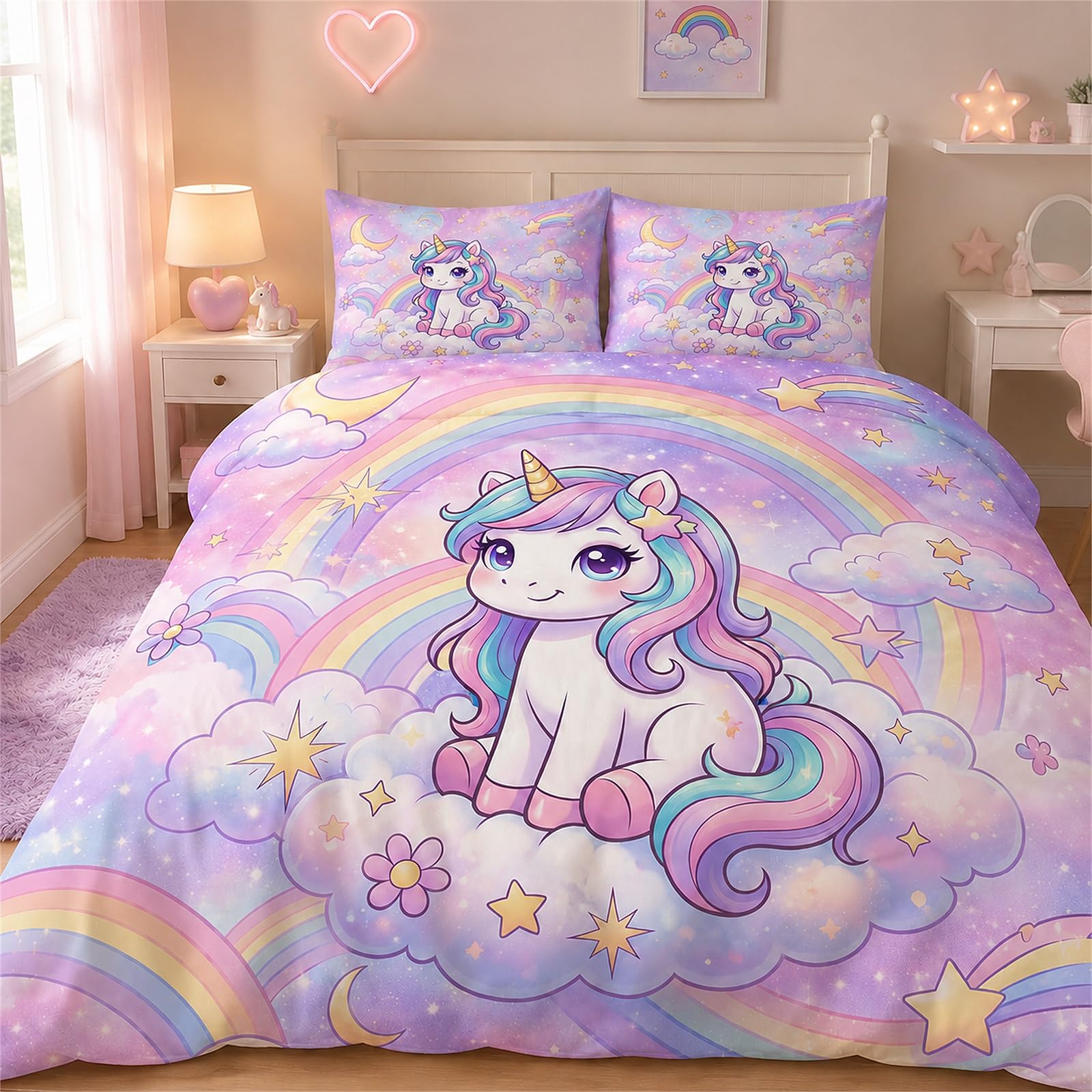 Vryxel Girls Kids Unicorn Rainbow Bedding Single Duvet Cover Set Bed Zipper Purple Pink 135 x 200 CM