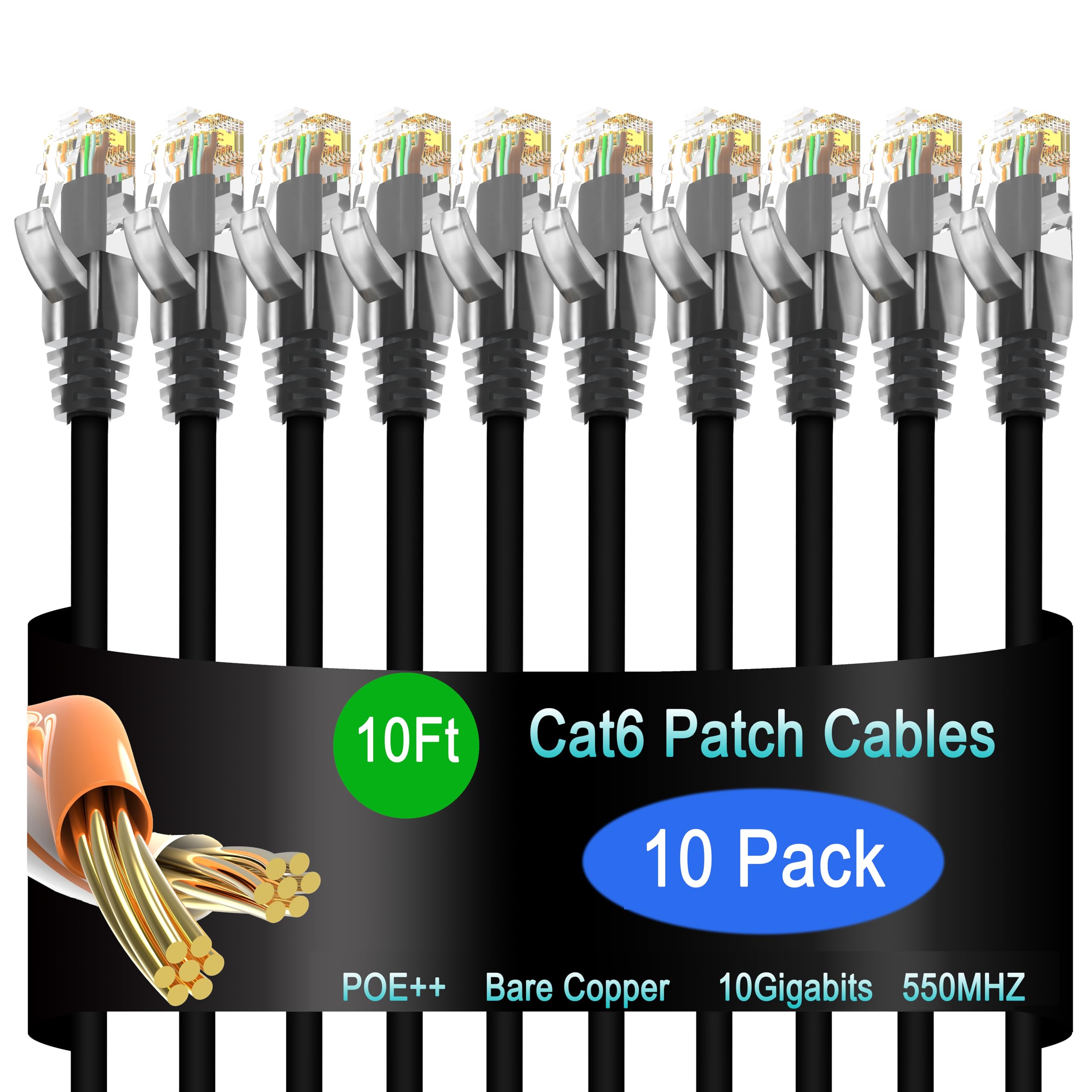 Cat6 Ethernet Patch Cable 10 ft (10 Pack), Cat6 Patch Cable for Data Centers, Cat 6 Cable 10G, Network Patch Cables for Home and Enterprise Network -Black