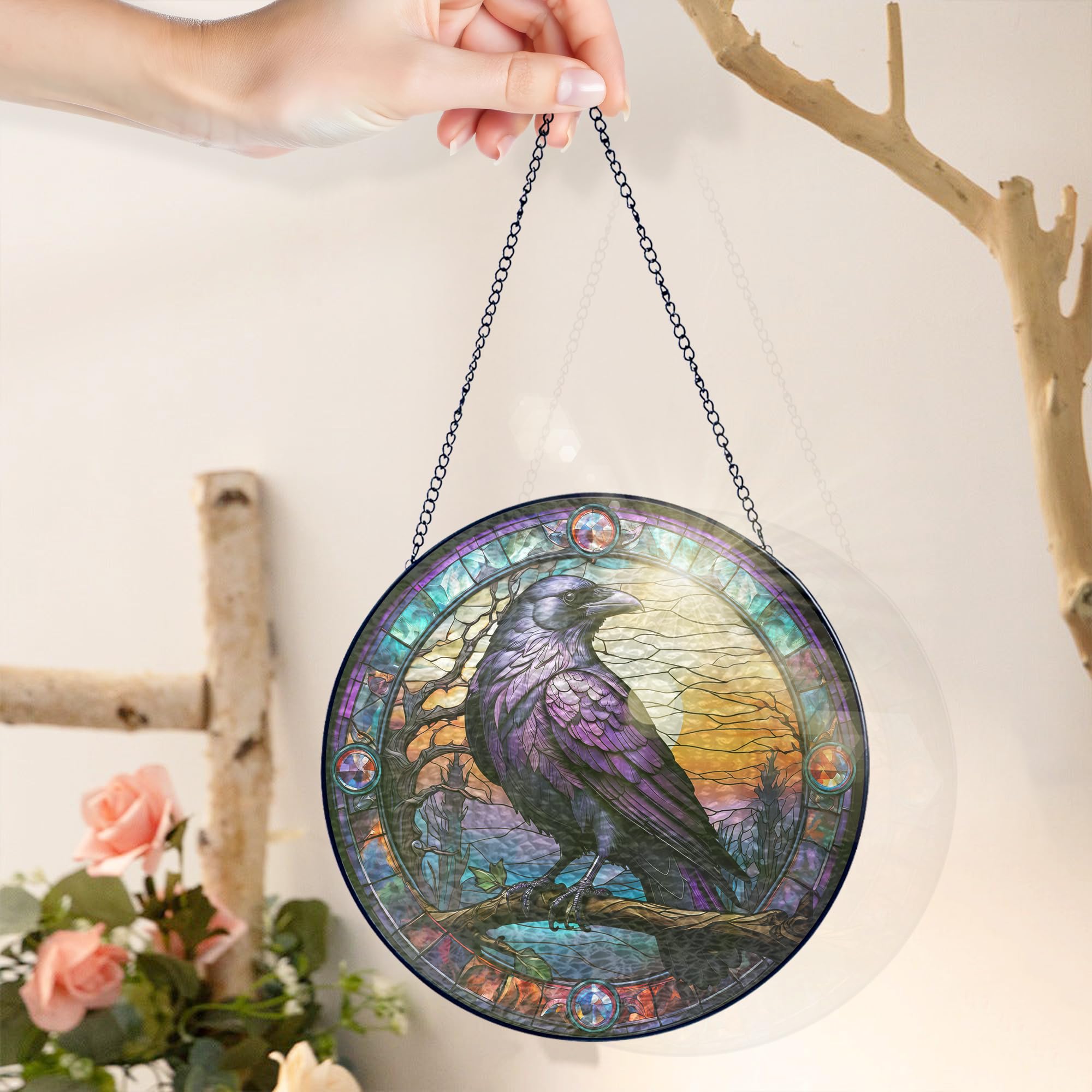 FLAGWIX Raven Home Garden Decor – Acchiappasole in vero vetro colorato da appendere, 25,4 cm, regalo per donne