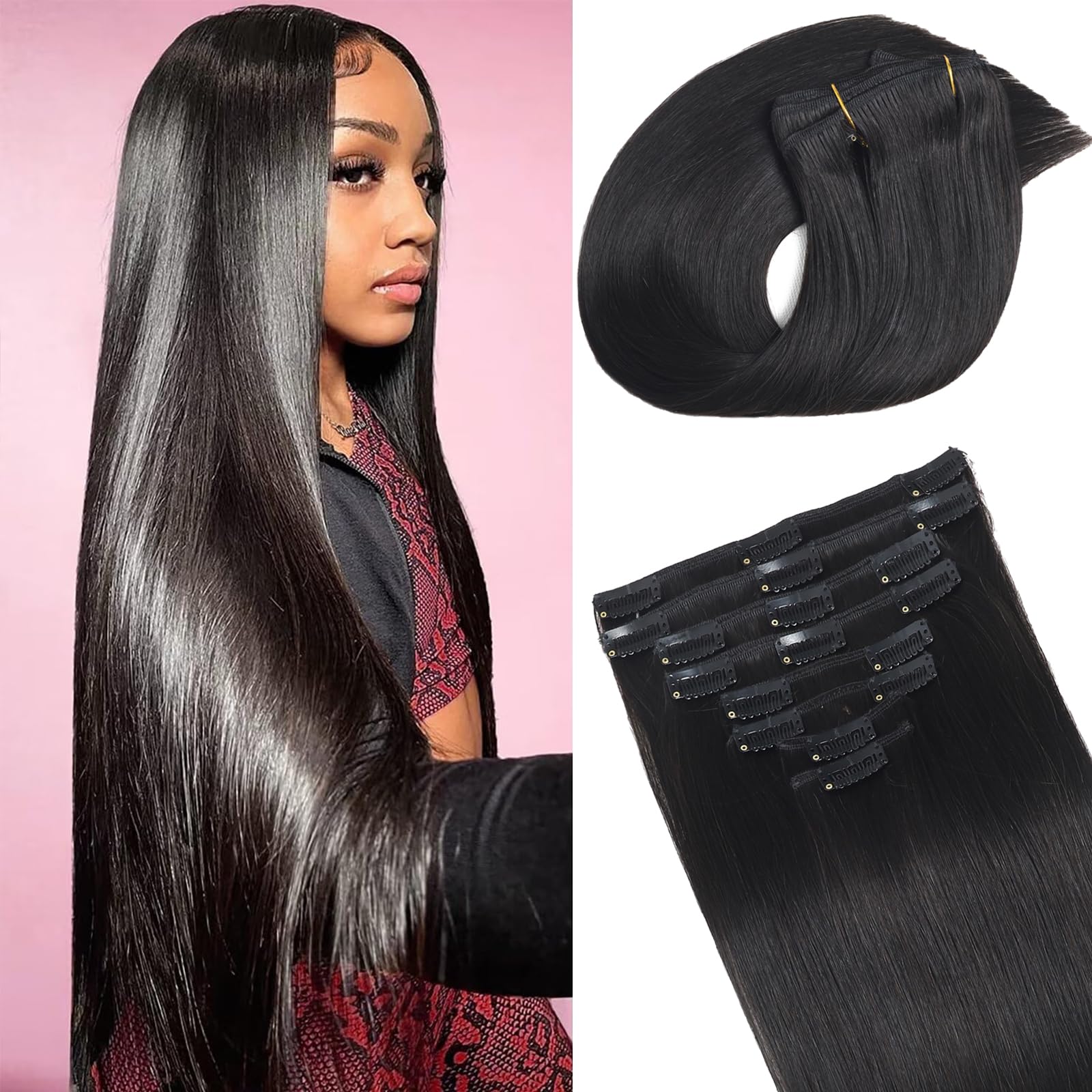 Seamless Human Hair Clip In Extensions 8pcs 16in 90g Double Weft Straight Amazon.com : 16 inch 90g Clip in Remy Human Hair Extensions  main image 3
