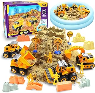 YIDESTARS Play Construction Sand Kit,2.2lbs Magic Sand W/4 Large Take Apart Construction Trucks,1 Sandbox,8 Worker Figures and Road Signs,8 Molds,Toys for 2-8 Years Old Boys Girls