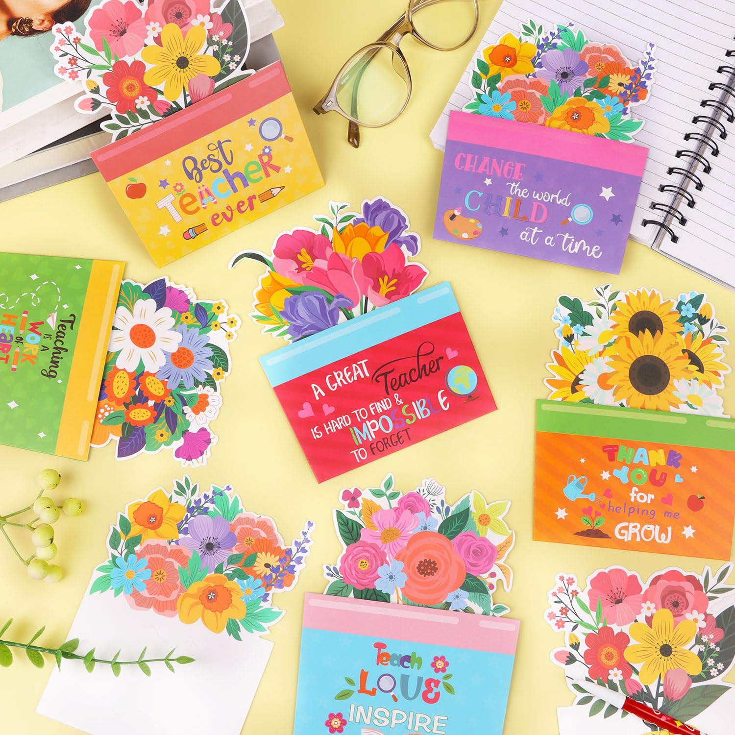 CCINEE 24pcs Teacher Appreciations Gift Cards Holder Bulk, Handmade Flower Money Greeting Card Sleeves for End of School Graduation Thank You Teacher Staff Gift