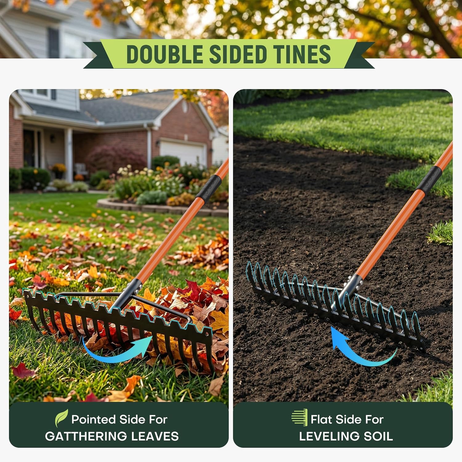 63" Heavy Duty Bow Rake with 17-Tine Metal Rake Head and Adjustable Handle, 17" Wide Steel Garden Rake for Lawn Care, Soil Loosening, Gravel & Rock Leveling, Leaf and Mulch Cleanup