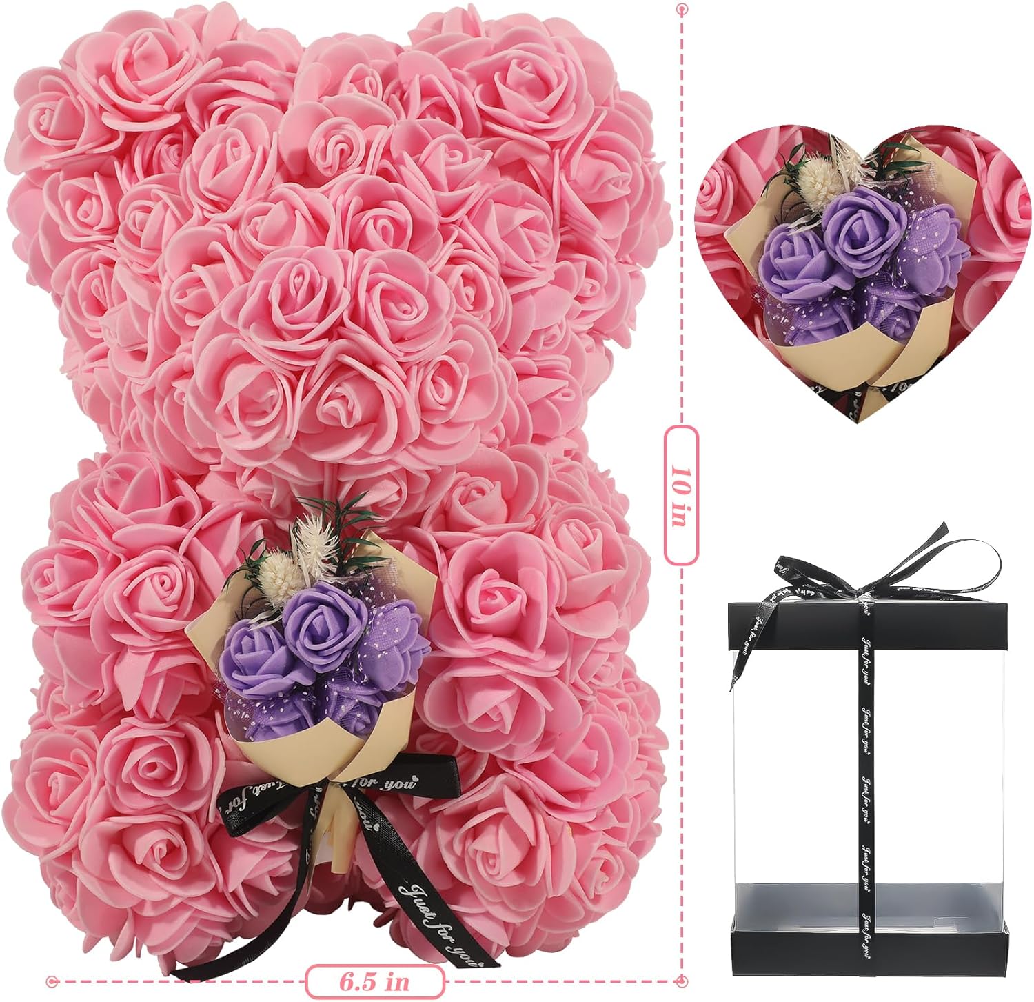 FLOWERS Rose Bear Gifts for Mothers Day, Teddy Bear with Rose Bouquet, Necklace, Greeting Card, Gifts Box for Mom, Wife, Grandma, Anniversary, Birthday, Home Decor