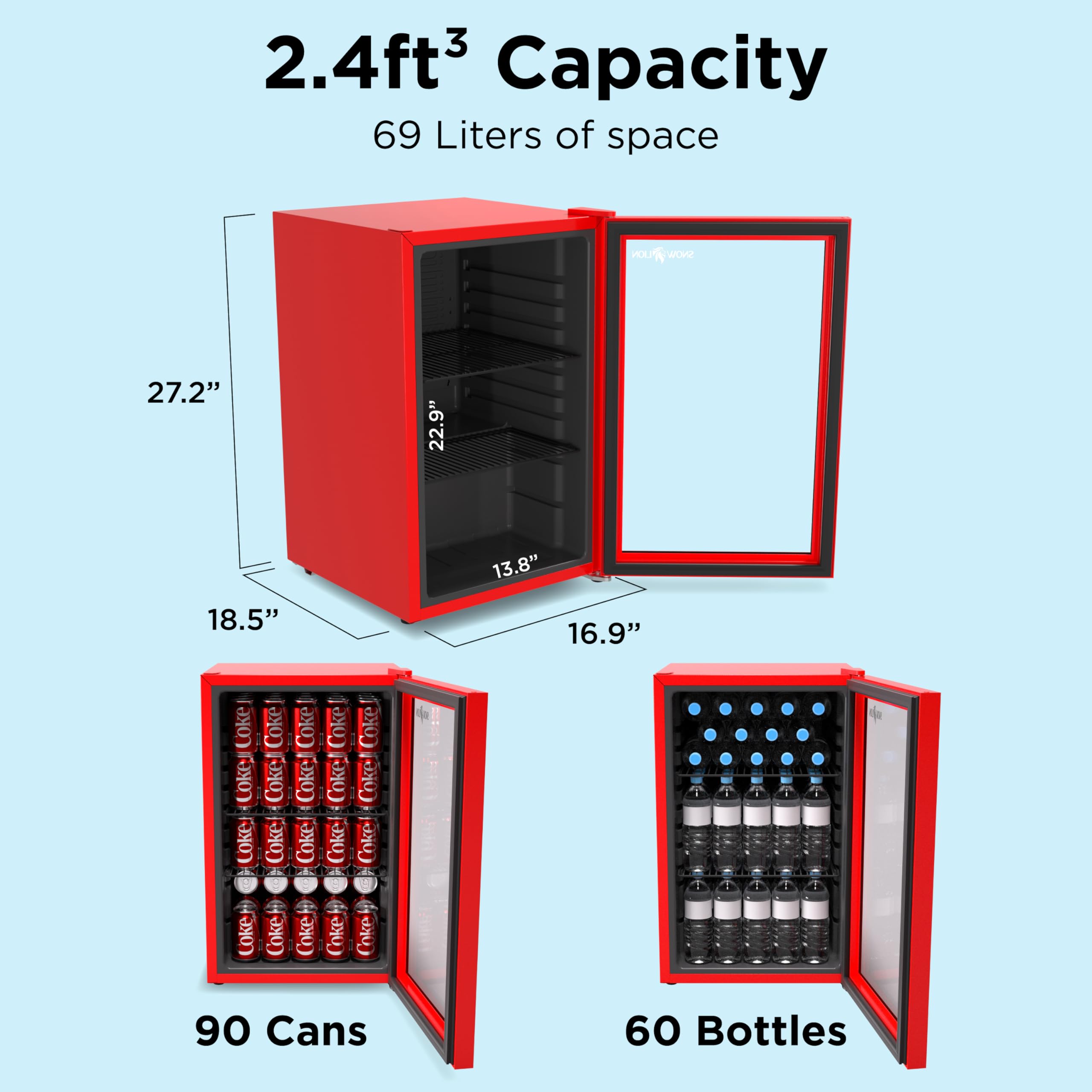Snowlion Premium Undercounter Glass Door Mini Fridge, 69l Compact Beverage Fridge With 90 Can Capacity, 2.4 Cu.Ft. Freestanding Drink With Glass Door, Compact Refrigerator With Reversible Door on Fridge.com - View 5