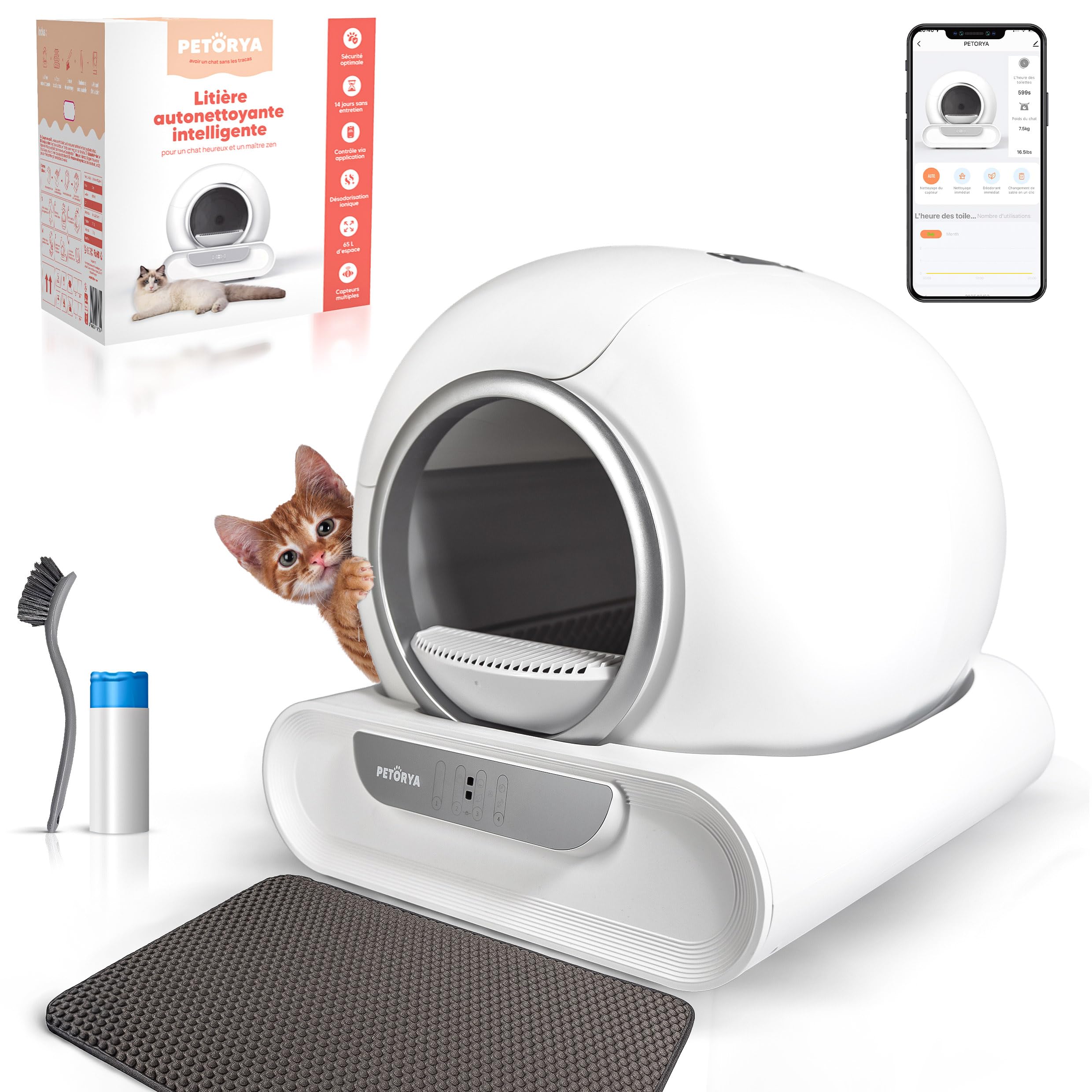 Litiere Chat Autonettoyante PETORYA, Bac à Litière Automatique, Anti-Fuites/Anti-Pincement/Anti-Odeur/Secure/Contrôle APP/Nettoyage Facile, Capacité XXL de 65L pour Plusieurs Chats