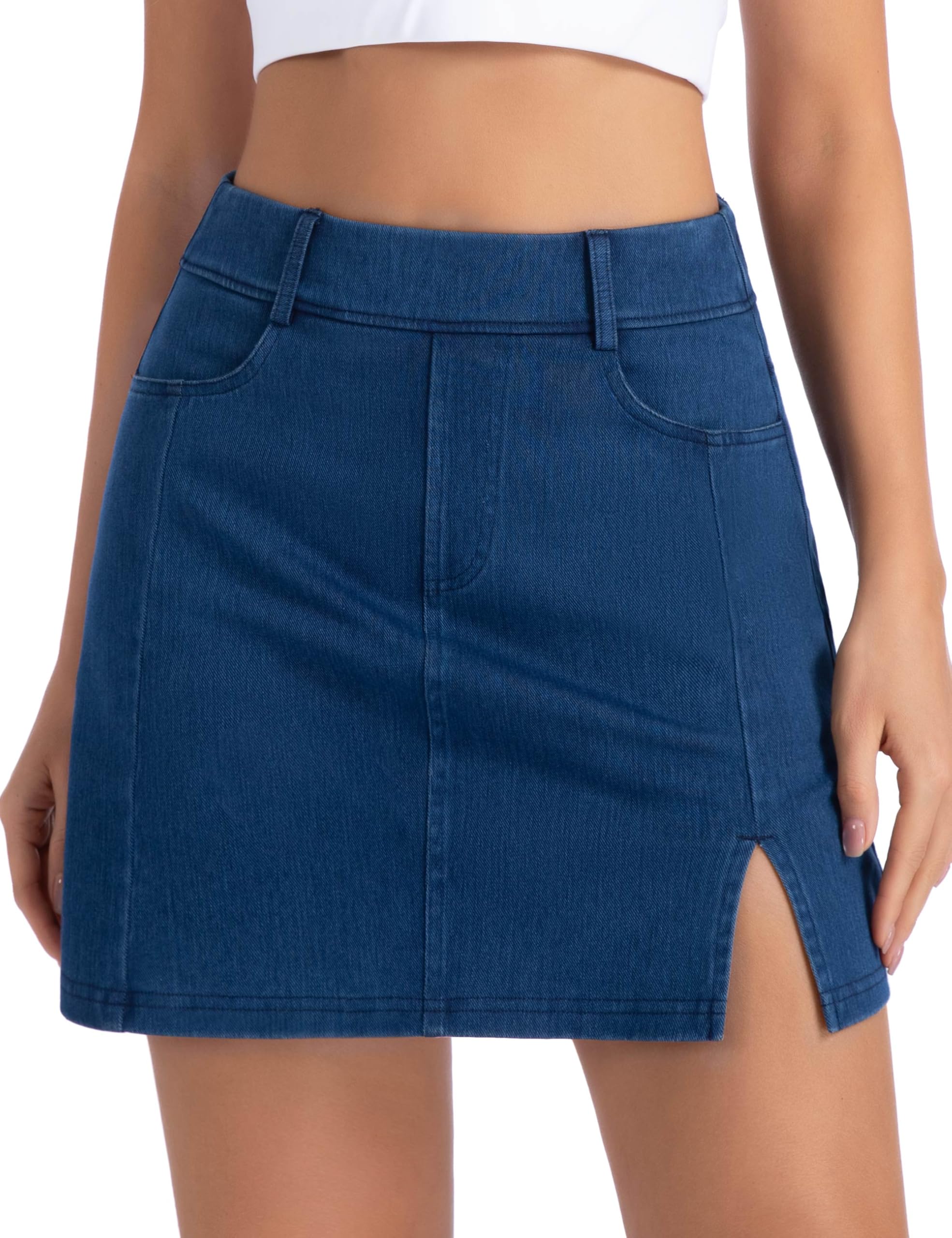 THE GYM PEOPLE Dehnbare Jeans-Skorts für Damen, schmale Passform, seitlicher Schlitz, lässiger Jeansrock mit Taschen