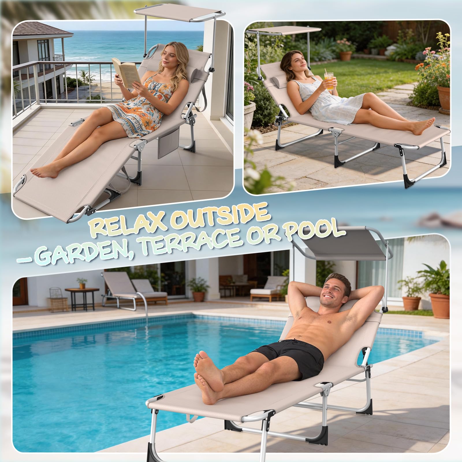 Sonnenliege Klappbar mit Dach 2er Set, Liegestuhl Aluminium Wetterfest 194 X 68 X 29 cm, Strandliege Gartenliege Klappliege Sonnenschutz mit Kopfkissen & Seitentasche, Khaki