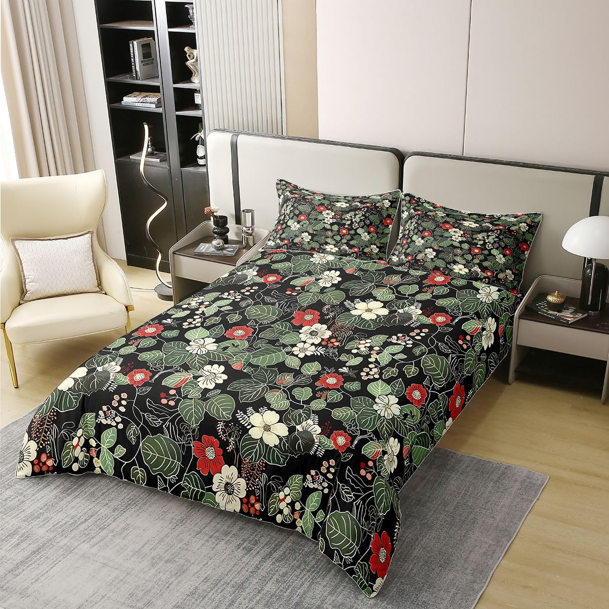 Homewish Set di biancheria da letto con copripiumino matrimoniale in cotone naturale con fiori verdi e neri, romantico, per ragazze e donne, adulti, caldo e morbido