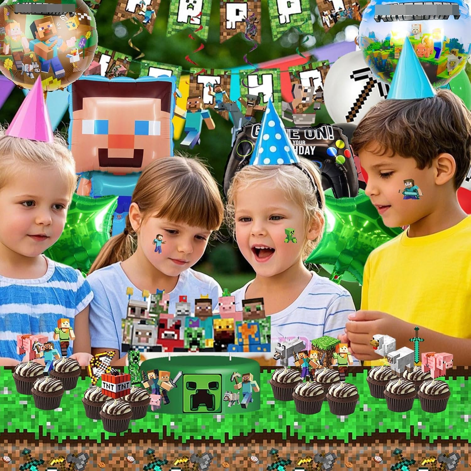 Set di decorazioni per il compleanno dei bambini, 57 pezzi di decorazione di compleanno per ragazzo, Include Tatuaggi temporanei per bambini, Decorazione per torta, Palloncini, Striscione, Tovaglia