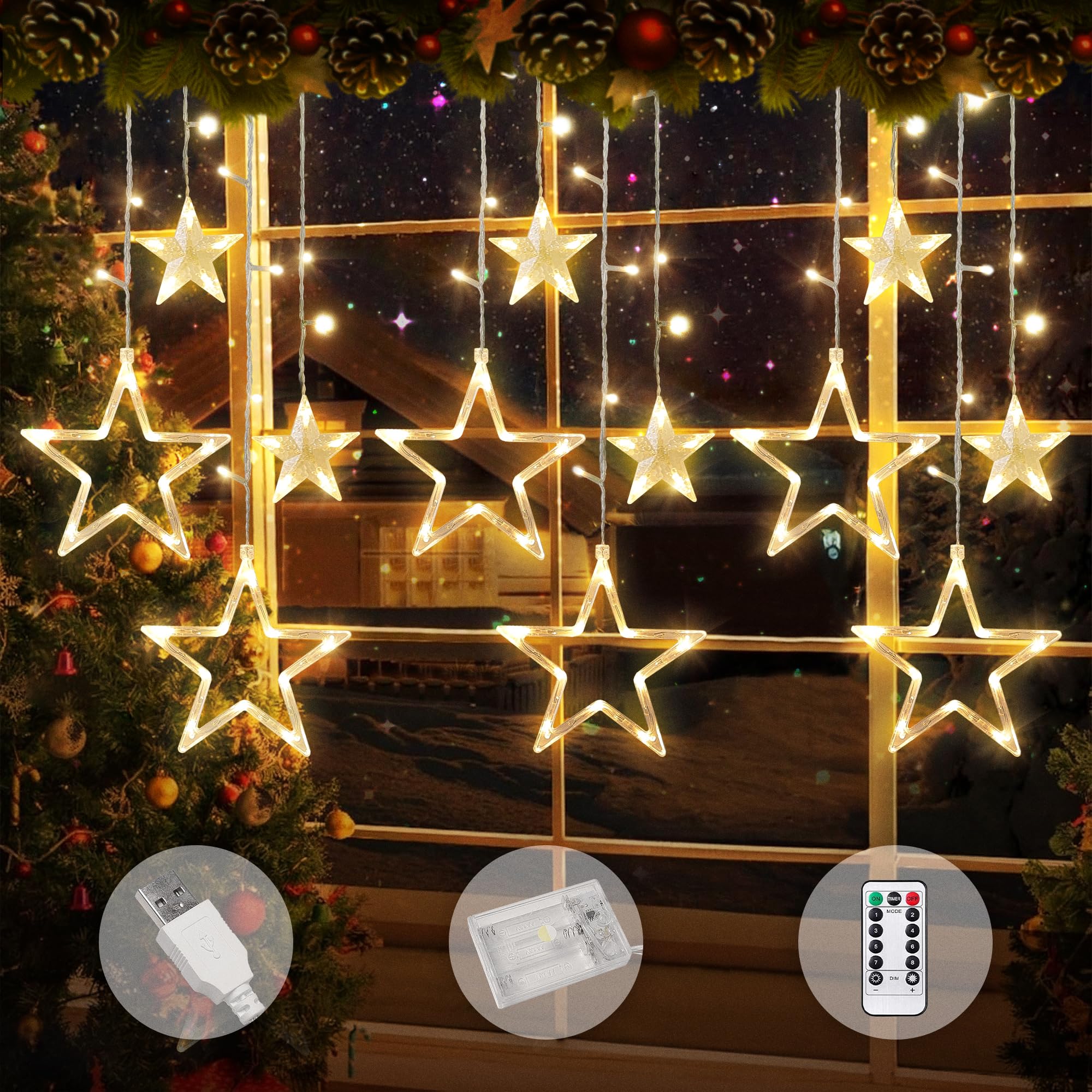 OVOISSTIY Cortina de Luces Navidad, Luces Estrellas Interior 3.5M IP44,Guirnaldas Luminosas Estrellas con remoto función memoria USB/batería, Cadena de luz Estrella Ventana para fiesta navidad