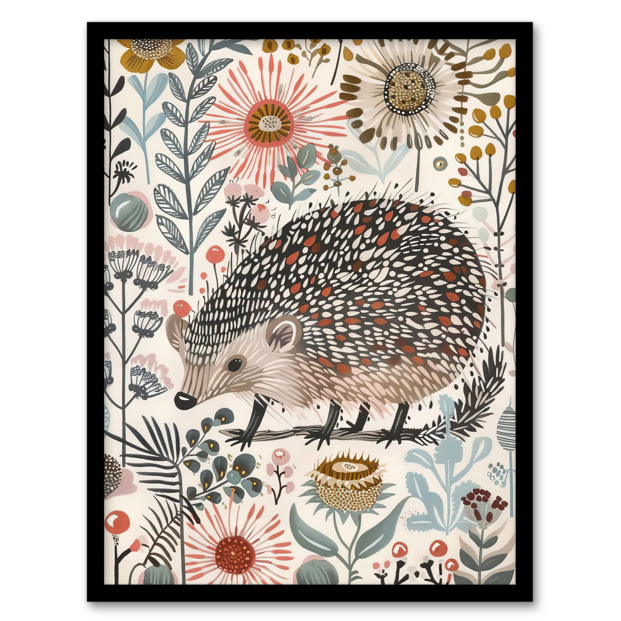 Artery8 Hedgehog Flowers Artwork Rustic Woodland Floral Living Room Artwork Framed Wall Art Print A4