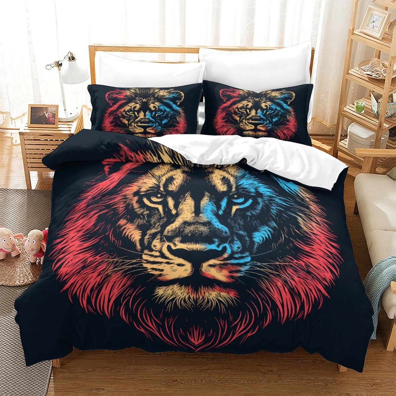 Parure de lit lion 3D sans repassage housse de couette lisse pour lit enfant et adulte