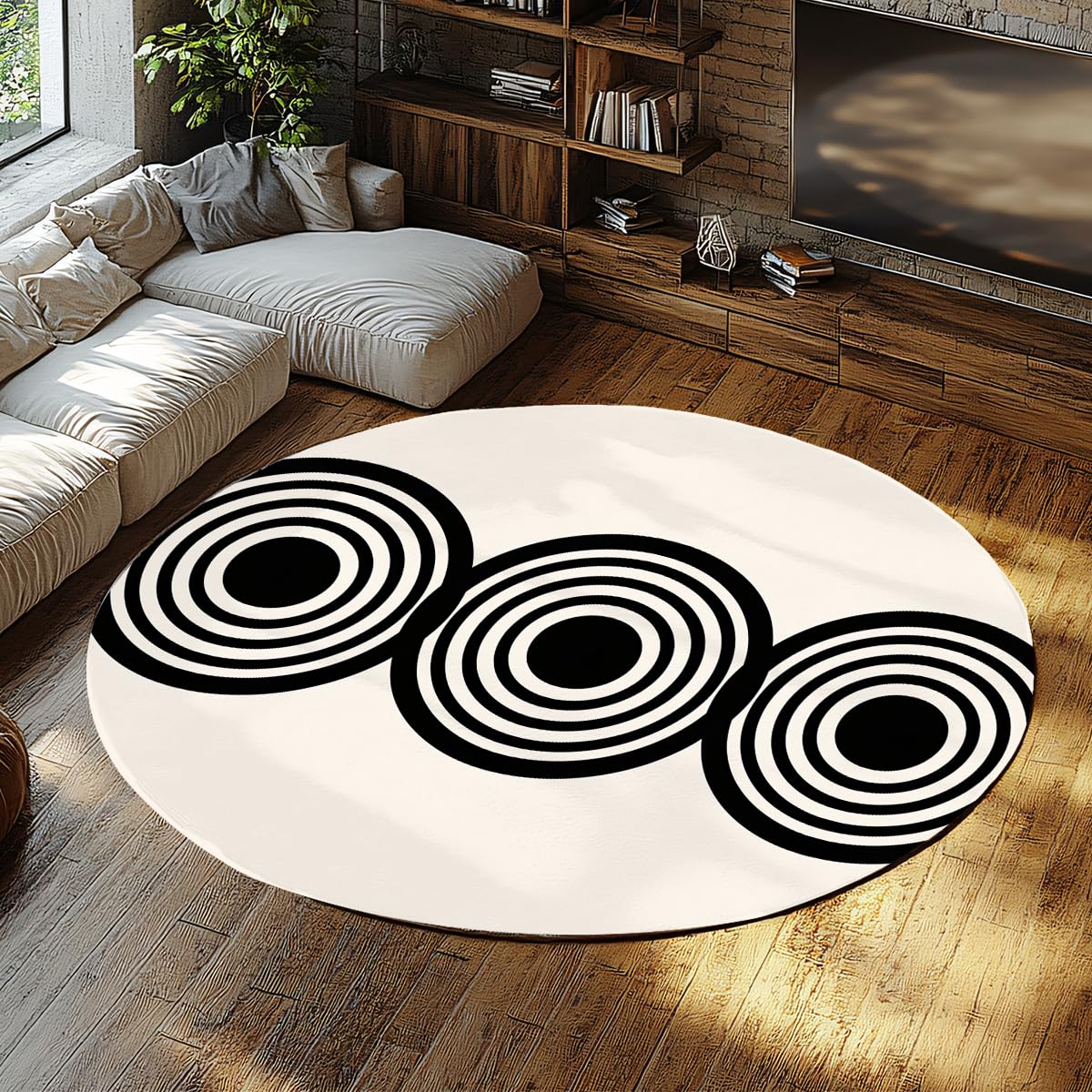 Tapis circulaire 180cm doux et fin pour entrée et vestiaire design noir blanc