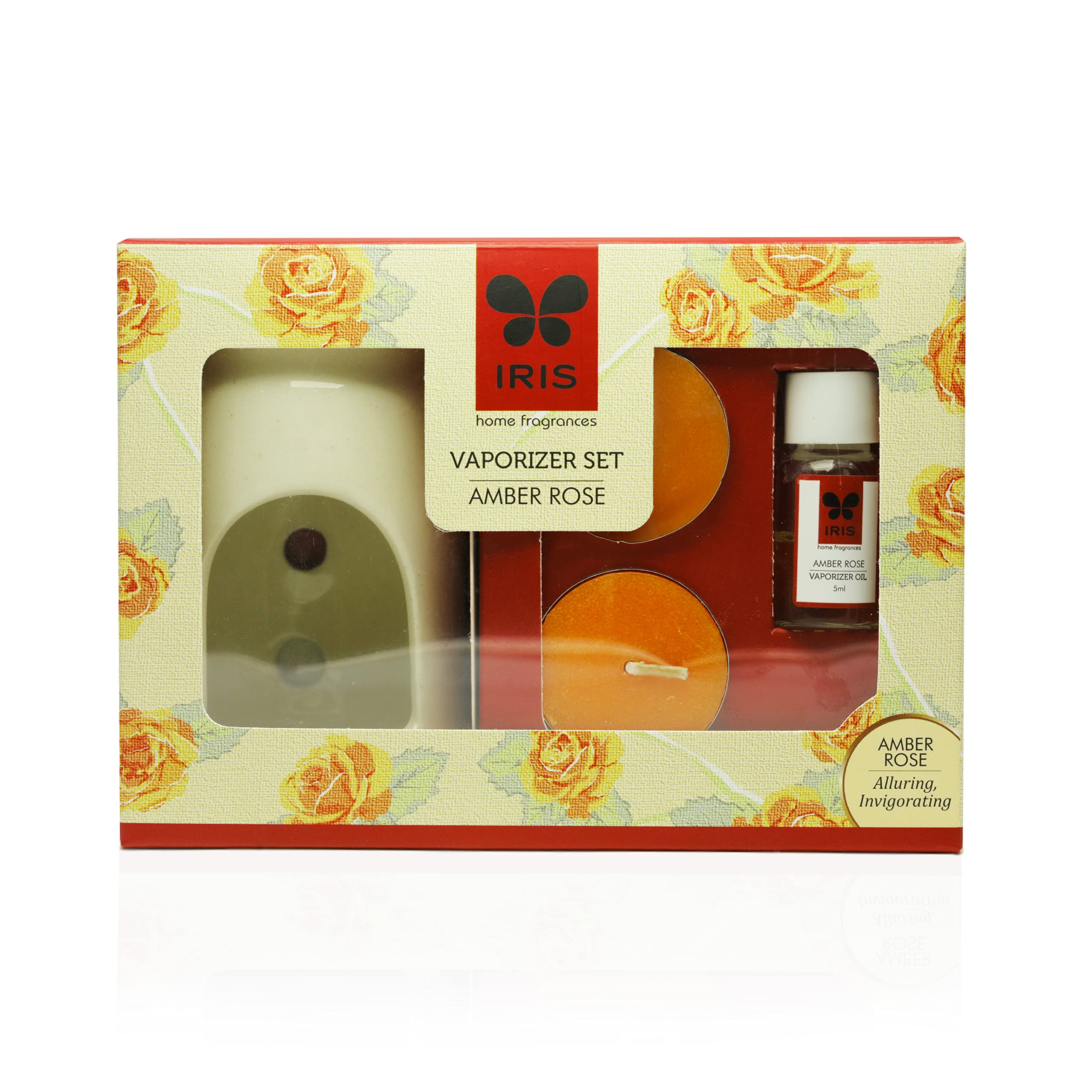 Home Fragrance - Amber Rose Vaporizer Set with Two Tea Light Candles - Amber Rose Scent - Chemical Free - Fine Living Fragrance � Room-Freshener - Made in India - 12.3 cm x 6.6 cm x 15.3 cm