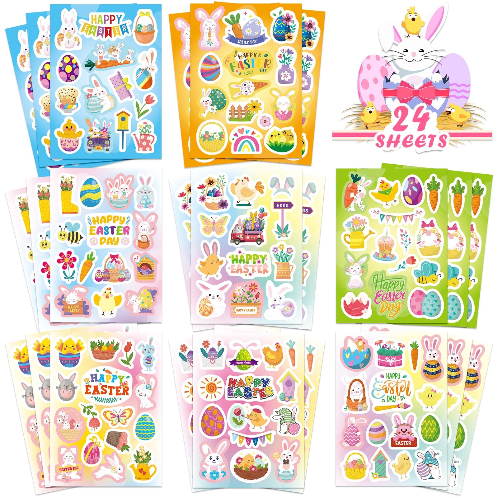 Autocollants Pâques 24 Feuilles 342Pcs Gommette Œuf Lapin Carottes Panier Cartes Enveloppes Scrapbooking Enfants Fournitures Fête