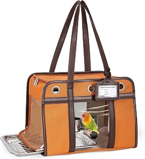 Sanmoncare Airline Approved Bird Carrier for Parrots, Travel Bird Cage Carrier for Cockatiels Conures Small Birds, Portable Pet Carrier Bag with Removable Tray, Breathable Mesh Windows, Dark Orange