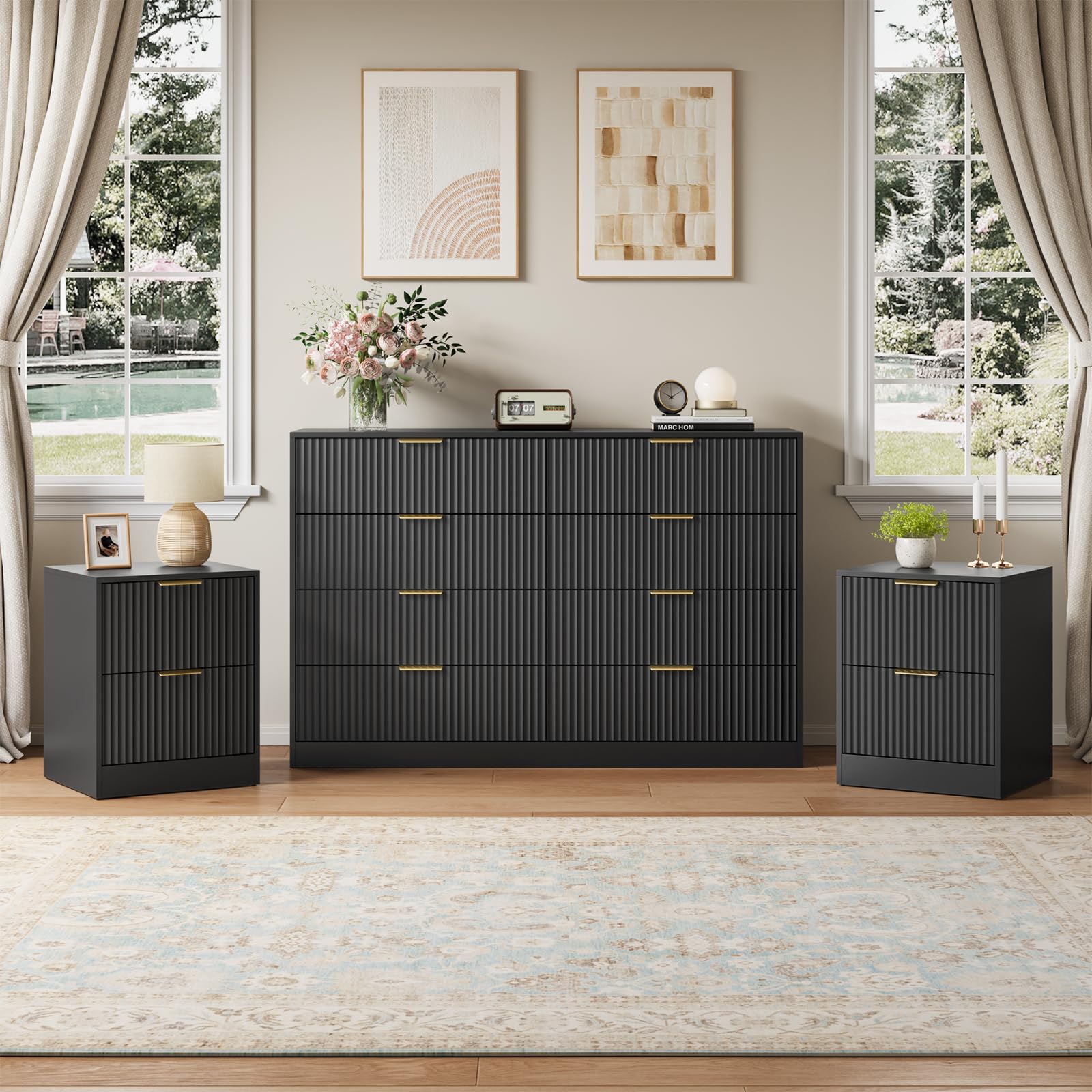 NOVAMAISON 8 Drawer Dresser & 2-Drawer Nightstand Set 3-Piece, Black