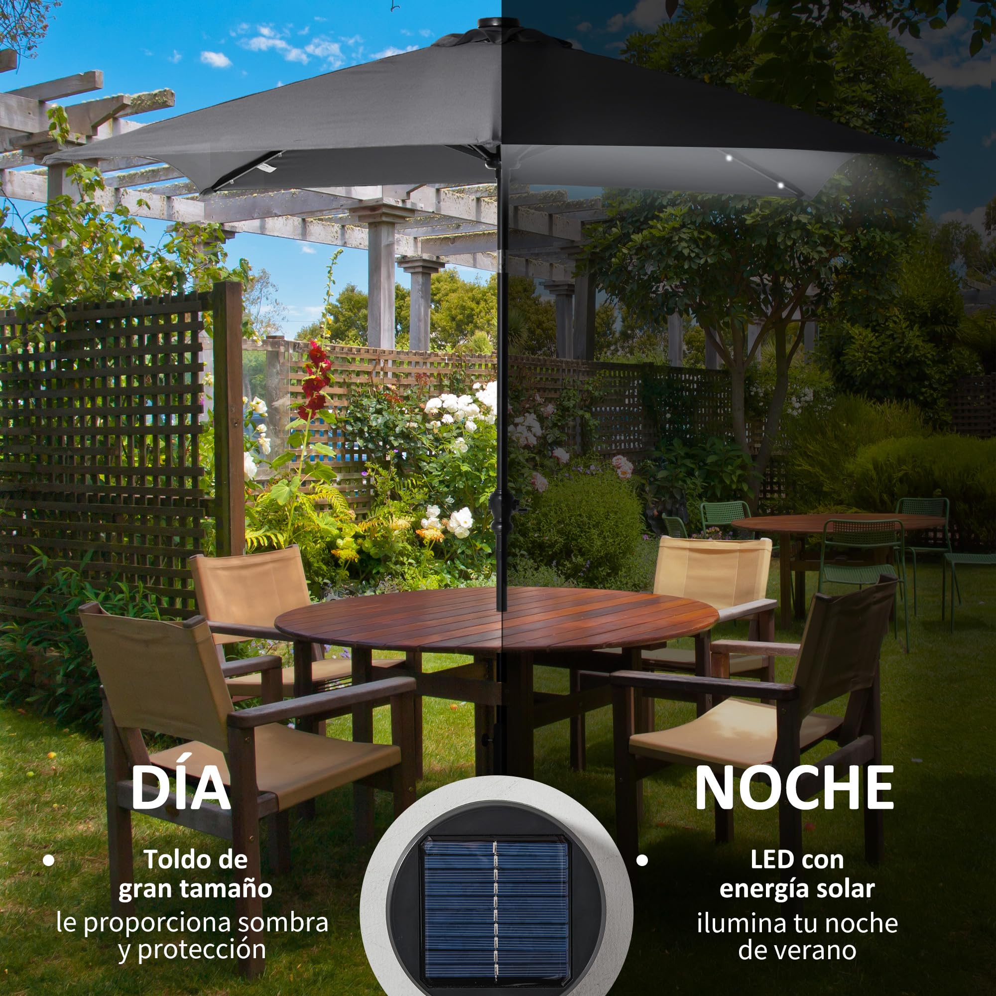 Outsunny Sombrilla Terraza Exterior 2,7x2x2,5 m Inclinable Luces LED | Sombrilla de Jardín, Techo hasta 45°, Poste de Acero, Manivela, Parasol para Patio Terraza