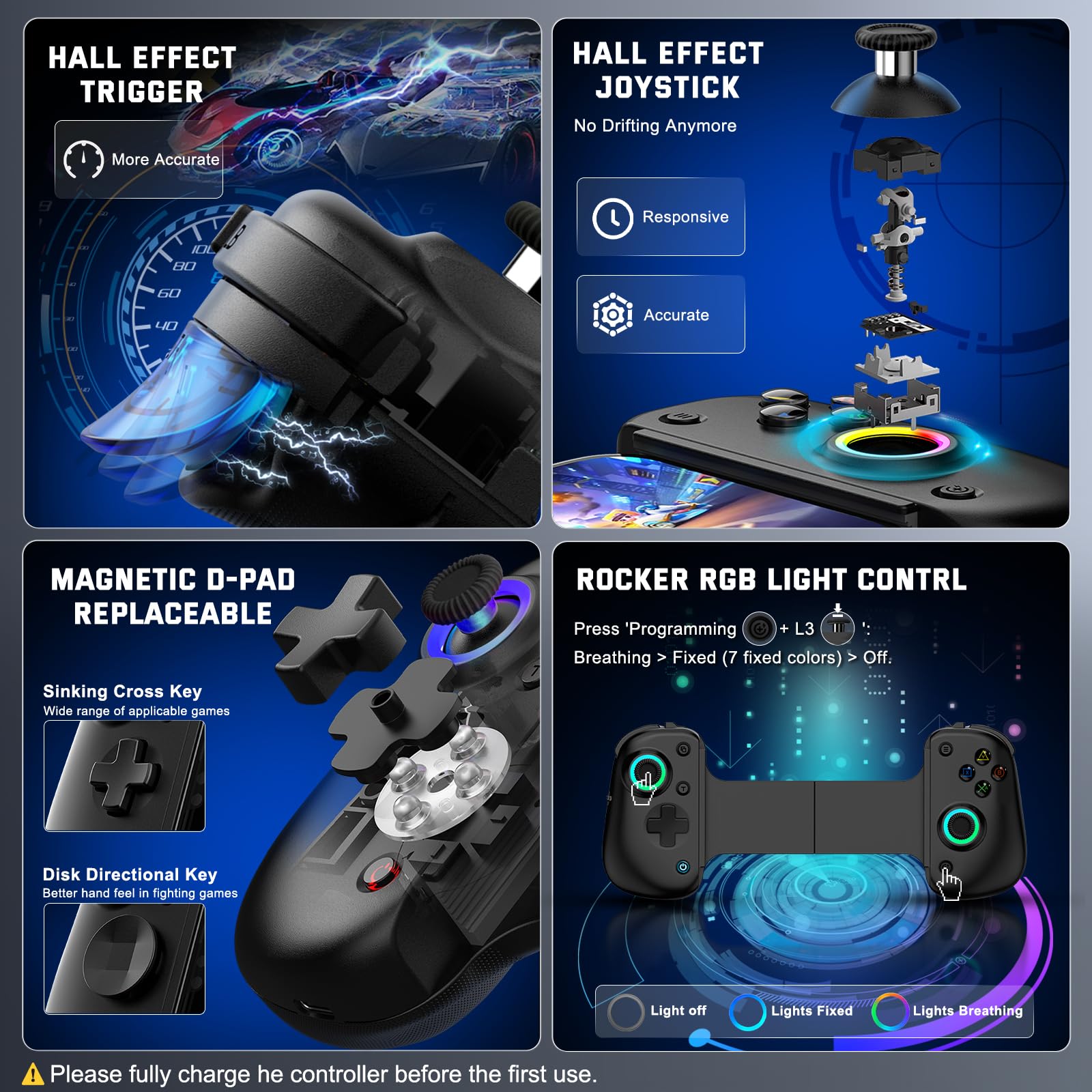 Joso Contrôleur de téléphone D8Pro pour iOS/Android/PC/Tablette/Switch/PS avec M1/M2 programmable/Turbo/6-Axis Gyro/Vibration Jouer à Call of Duty, Roblox, Cloud Gaming, Jouer à Distance
