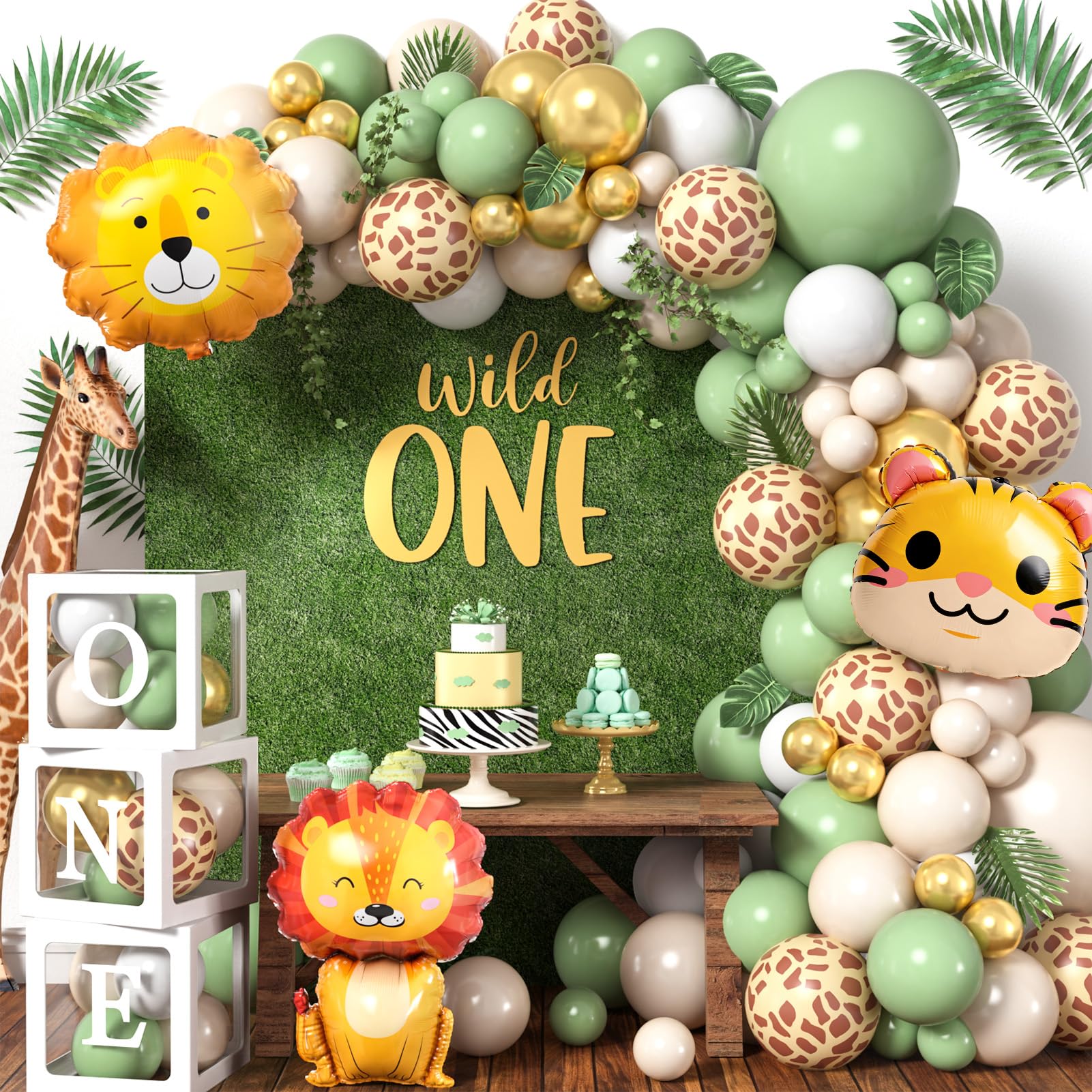 Safari 1st Birthday Decorations for Boys Girls, Wild One Birthday Decorations with Sage Green Balloon Arch Kit Balloon Boxes, Animal Jungle Theme First for Kids (Green)