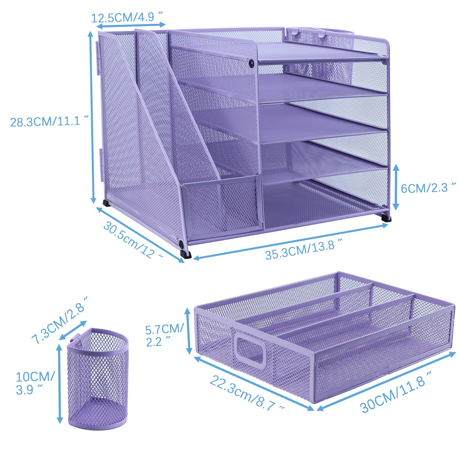 Organizer da scrivania con 2 portariviste, vassoio organizer a 5 ripiani con cassetto e 2 portapenne, vassoio per lettere, multifunzione, per ufficio, scuola, casa, viola