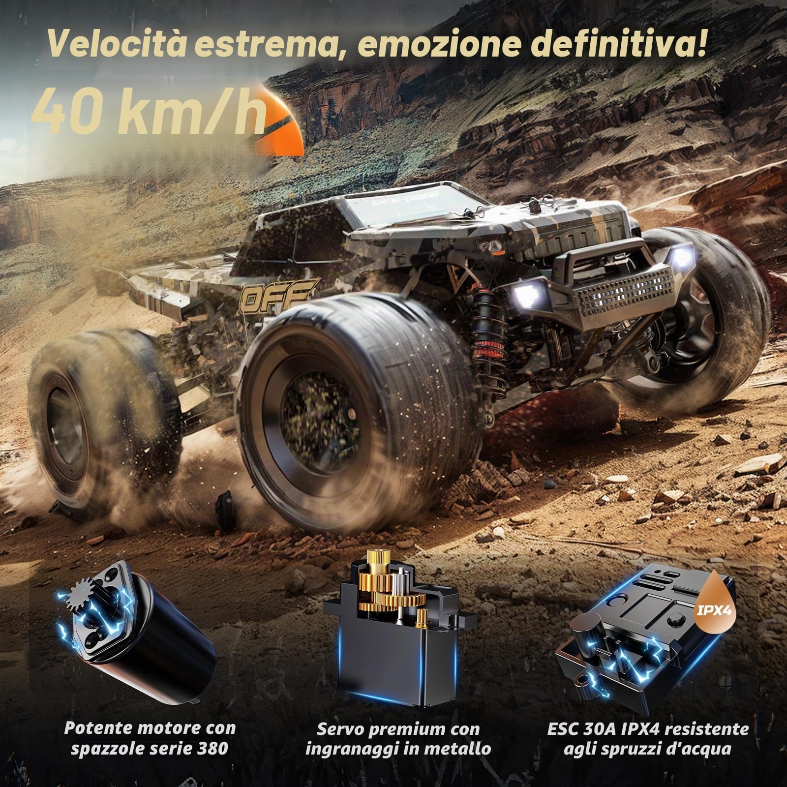 DEERC Macchina Telecomandata per Adulti 40 km/h, Monster Truck Elettrico Fuoristrada 4WD, Auto ad alta velocità da 2,4 GHz, Macchina Telecomandata 4x4 impermeabile con 2 batterie per ragazzi e bambini