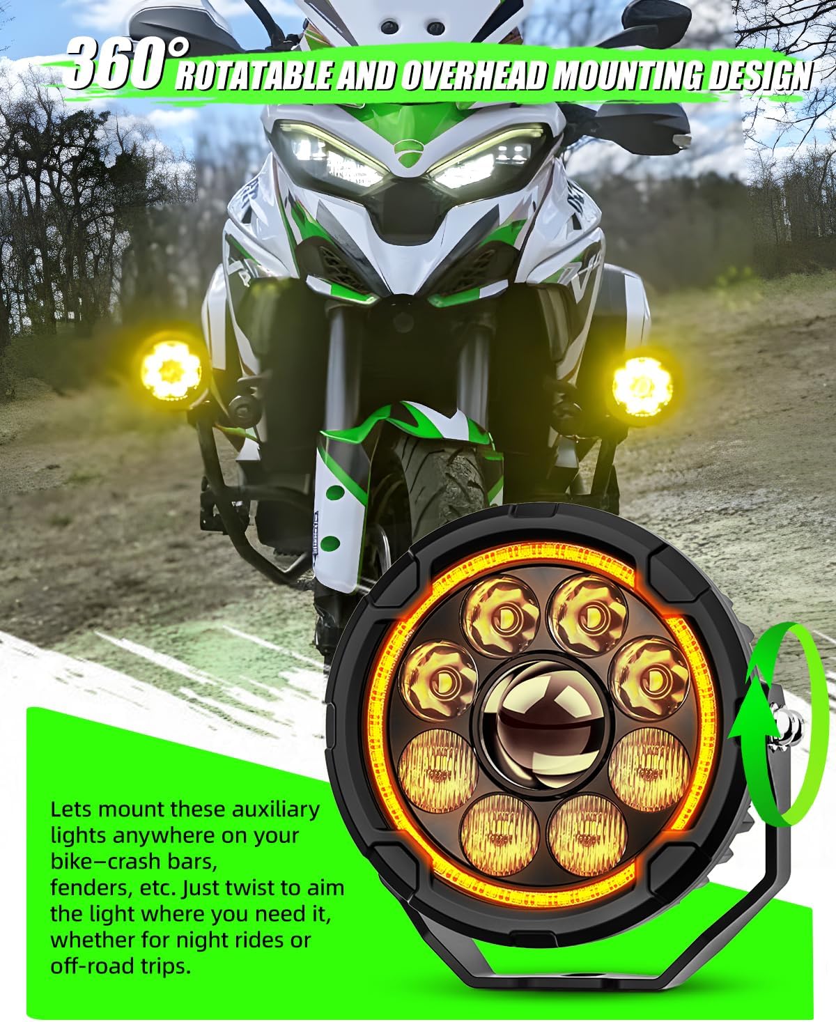 Motorcycle LED Auxiliary Lights - 29000LM Ultra Bright Fog Lights Hi/Low Amber White Beam, Strobe Modes, IP69K Waterproof, 360° Adjustable Mount for Motorcycles ADV Truck UTV Touring Sport