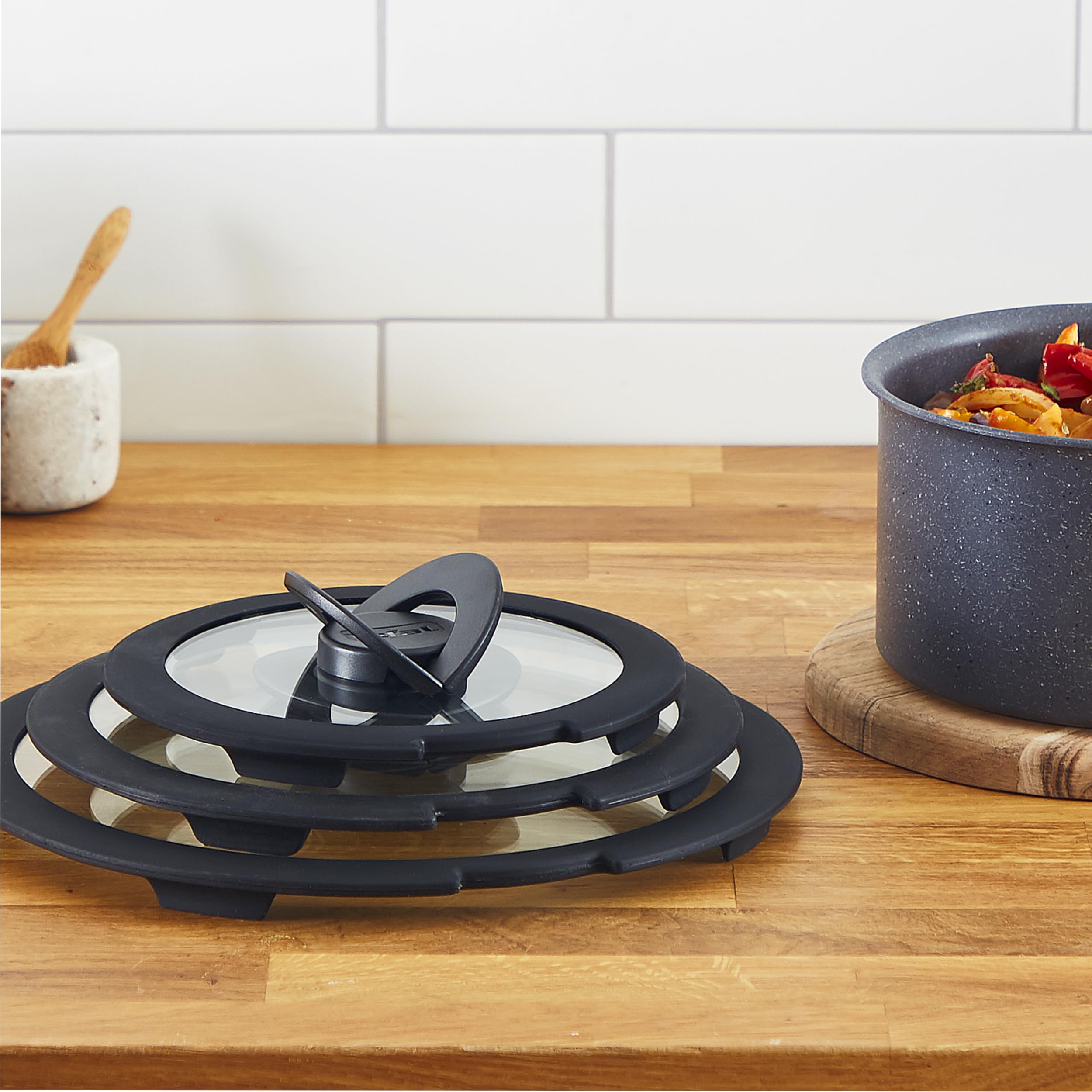 Tefal Ingenio Glasdeckel 3-tlg. Set 16/18/20 cm mit Klappgriffen, kompatibel mit Ingenio Topf und Pfannensets, stapelbar, platzsparendes Design, spülmaschinengeeignet, beschleunigt Garzeit, L98491