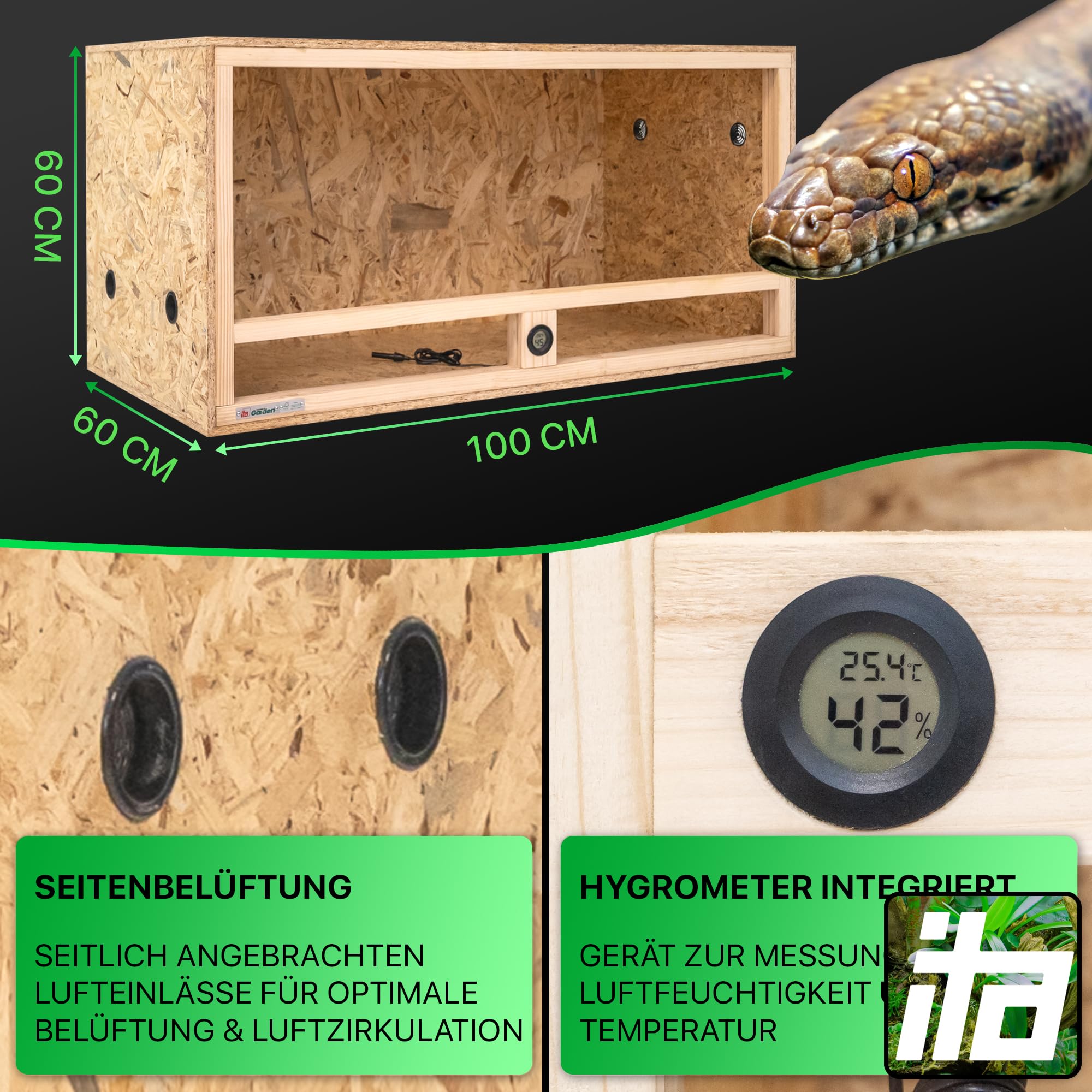 ITA Holz Terrarium 100x60x60 cm mit Seitenbelüftung & Integriertem Hygrometer - Holzterrarium aus OSB-3 Platten - Terrarien für Reptilien, Schlangen, Amphibien - EU Produkt, FSC Zertifiziert