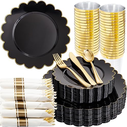 Vista 9 de Supernal La vajilla de plástico dorada de 150 piezas incluye platos cuadrados desechables blancos y dorados, cubiertos de plástico dorado perfectos