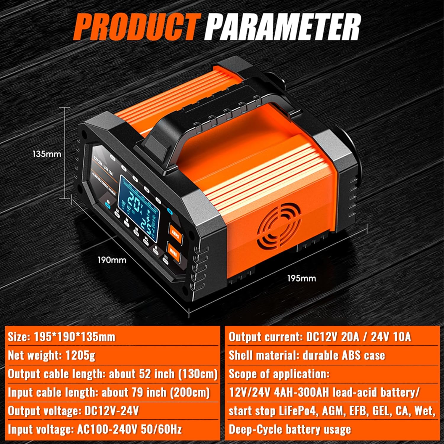 Auto Battery Charger 20A 12V/24V Adjustable Current 0.5A-20A LiFePO4 Lead Acid Fully Automatic Battery Maintainer, Trickle Charger with Pulse Repair, Winter Mode, for AGM Gel Deep Cycle Batteries