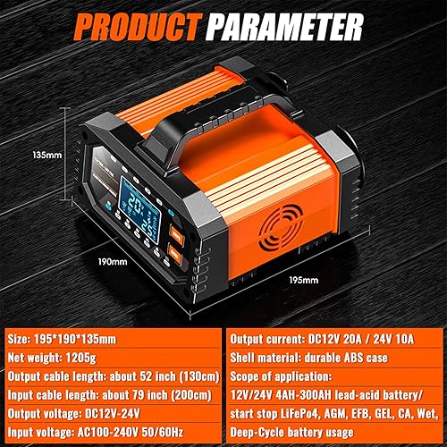 Miniatura 8 de Cargador de batería de coche 20A 12V/24V Corriente ajustable 0.5A-20A LiFePO4 Mantenedor de batería completamente automático, cargador inteligente