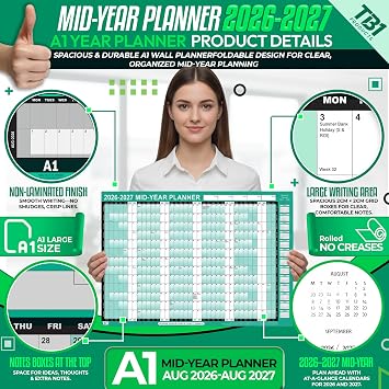 TB1Product 2026-2027 Academic Wall Planner – A1 Large 85cm x 58cm Laminated Dry Wipe Wall Calendar – 13 Month Year Planner Aug 2026-Aug 2027 with Stickers & Dry Wipe Pen – UK Home Office School