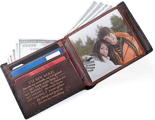 Miniatura 3 de Cartera de cuero grabada personalizada para novio marido hijo papá carteras plegables personalizadas para hombre con mensaje de amor Día de San