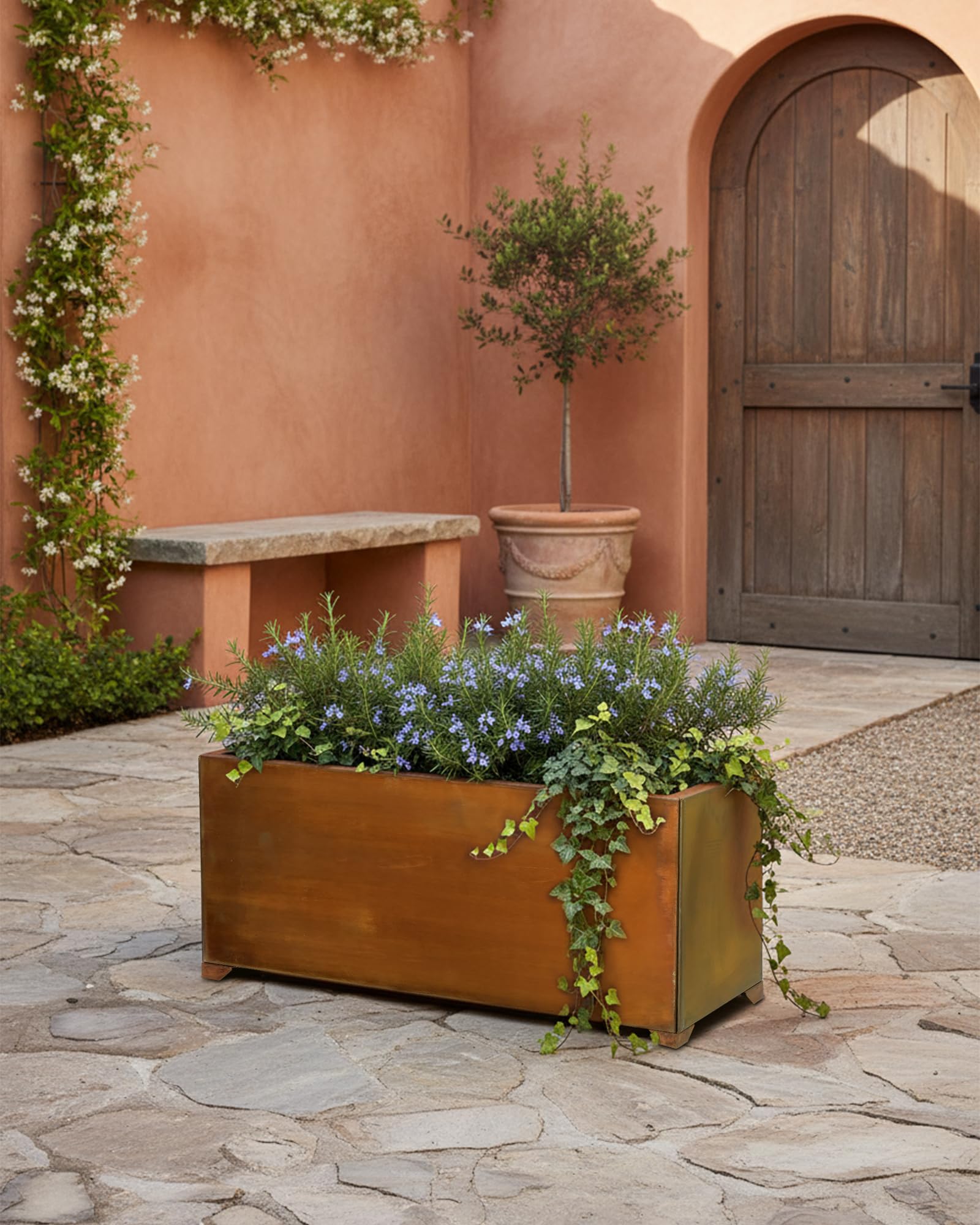 onlyfire Pflanzkübel Groß Außen, Stahl Pflanzkasten Rechteckig, Blumentopf Gross Draussen, Ideal für Garten, Terrasse, Balkon und Wohnräume, Blumenkasten mit Abflusslöchern, Vintage Blumenkübel XXL