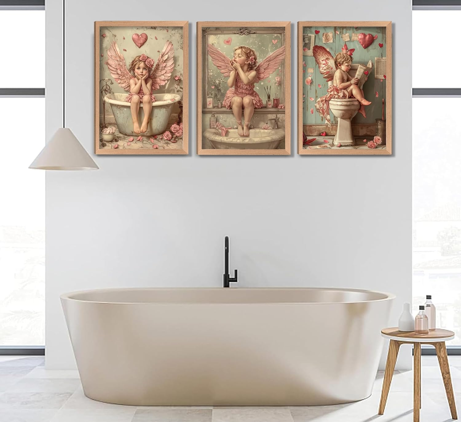Framed Funny Pink Valentines Day Bathroom Wall Art Vintage Cute Cupid on Toilet Picture Wall Decor Angel in Bathtub Poster Romantic Victorian Heart Canvas Prints Artwork for Restroom Toilet