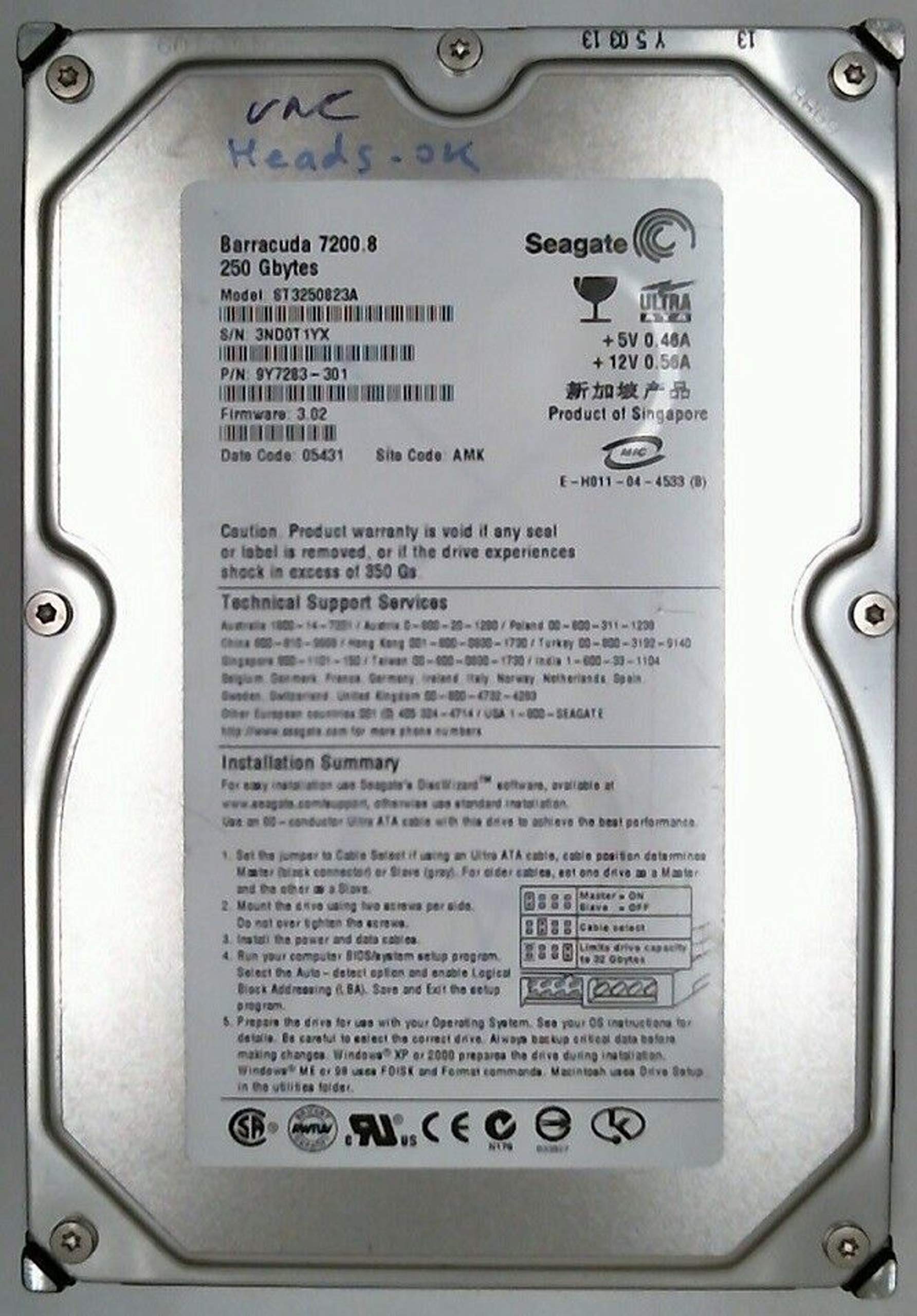 ST3250823A FW: 3.02 P/N 9Y7283-301 Parts for Data recovery, ersatzteile