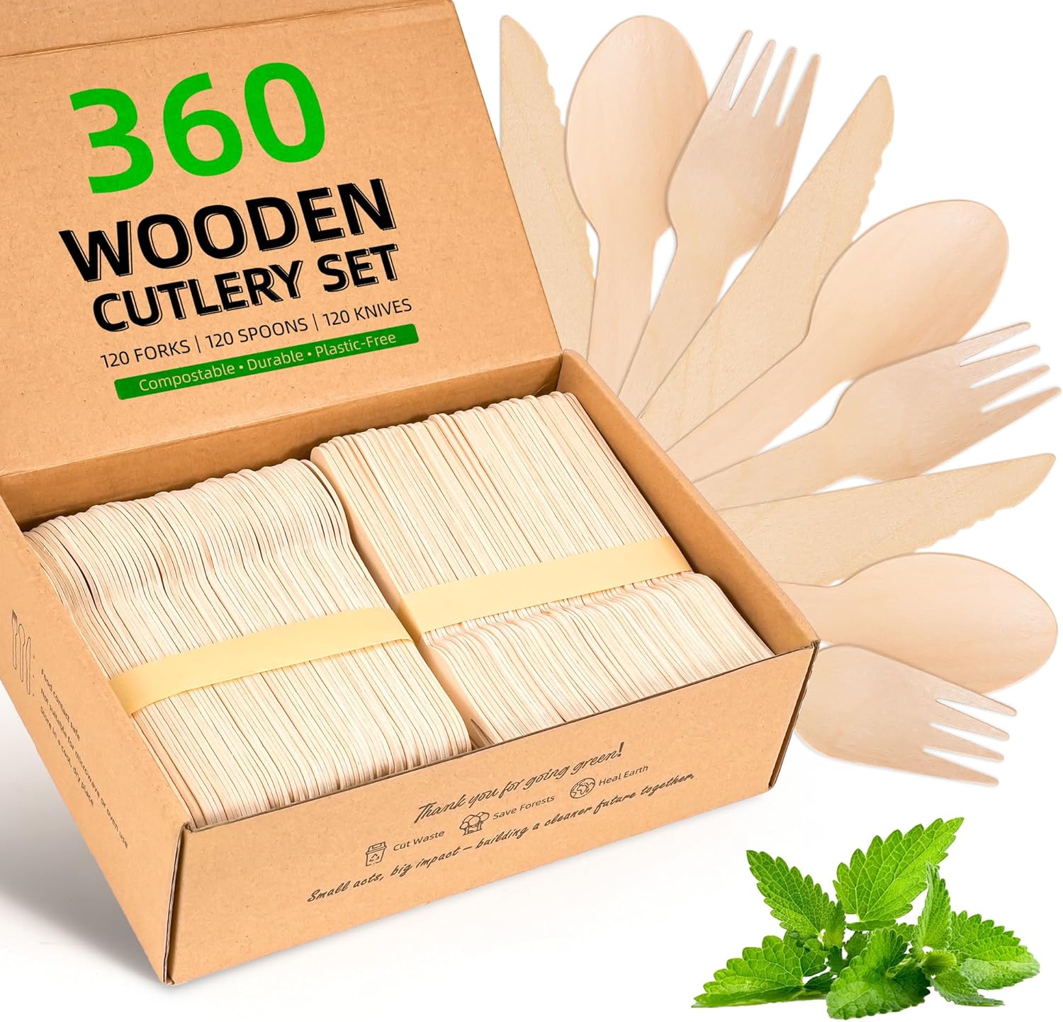Disposable Wooden Utensils Set, Compostable Utensils, Disposable Cutlery Eco-Friendly Silverware Set for Parties, Catering, Office Lunches-360 PCS (120 Forks, 120 Spoons, 120 Knives)