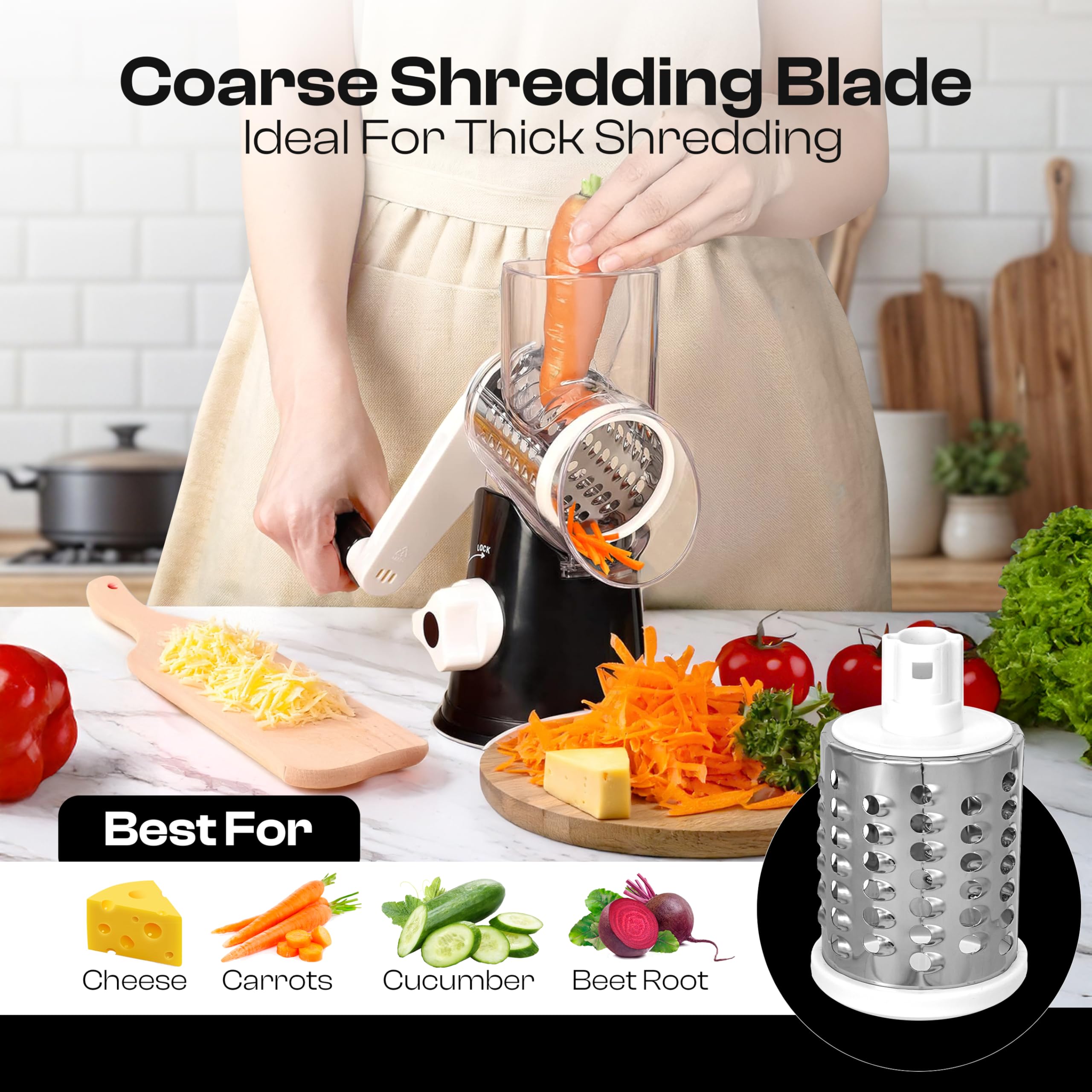 Rotary Cheese Grater Hand Crank - Cheese Shredder and Zester with Handle, Vegetable Shredder with 3 Stainless Steel Blades & Strong Suction Base – Round Slicer & Food Chopper for Kitchen