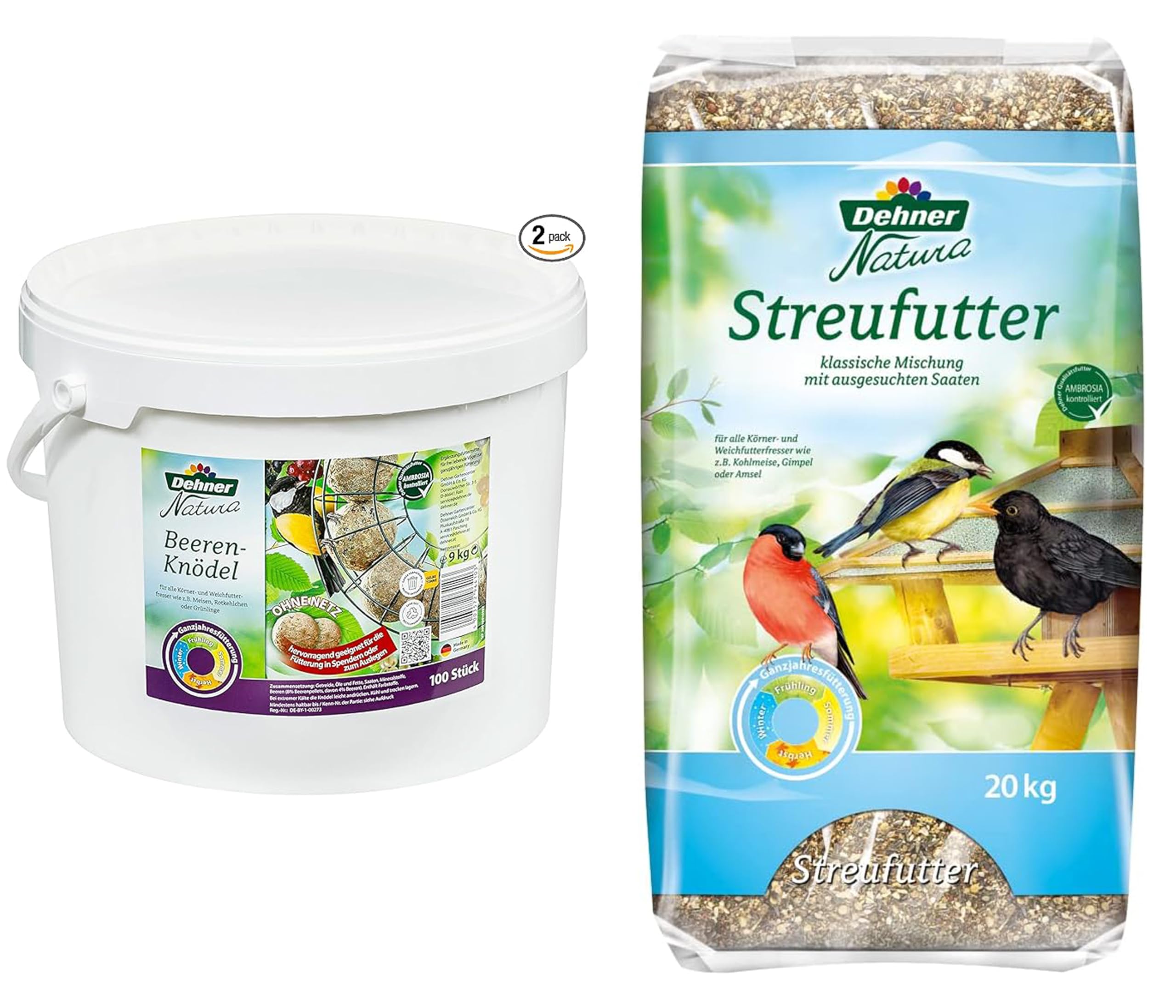 Dehner Natura Wildvogelfutter, Streufutter, 20 kg & Natura Wildvogelfutter, Beeren-Knödel ohne Netz, 100 Stück (10 kg)