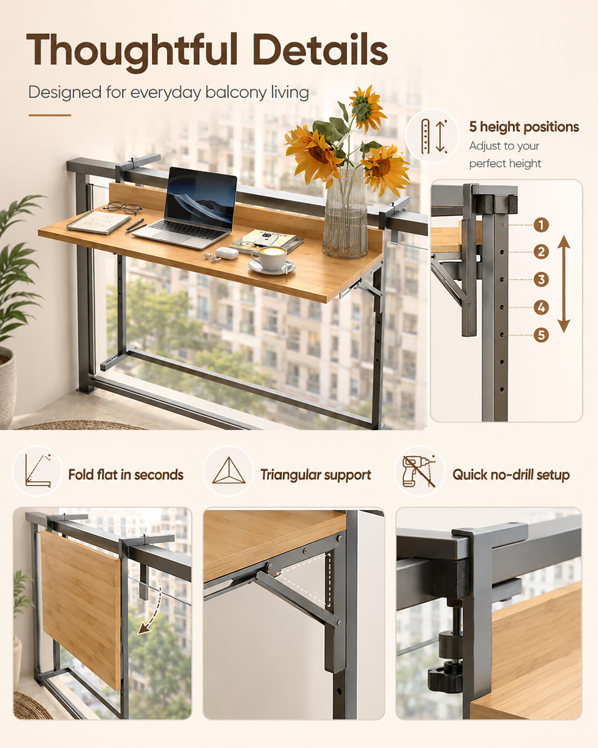 Mesa Colgante Balcón Plegable Madera Maciza - Barra Bar Exterior Barandilla 1-16cm - Jardín Terraza Auxiliar, 5 Alturas