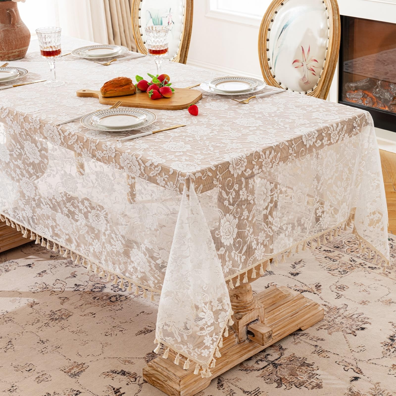 KnSam Tovaglia rettangolare beige e bianca, in poliestere, 140 x 260 cm