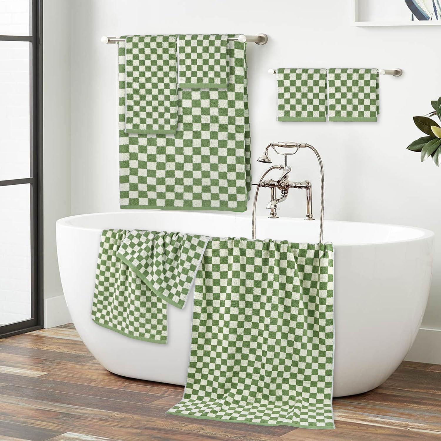 Jacquotha Green Checkered Towels Set of 8, Cotton Towels for Bathroom, 2 Bath, 2 Hand, 4 Washcloths, Soft Absorbent Quick Dry Gifts - Image 4