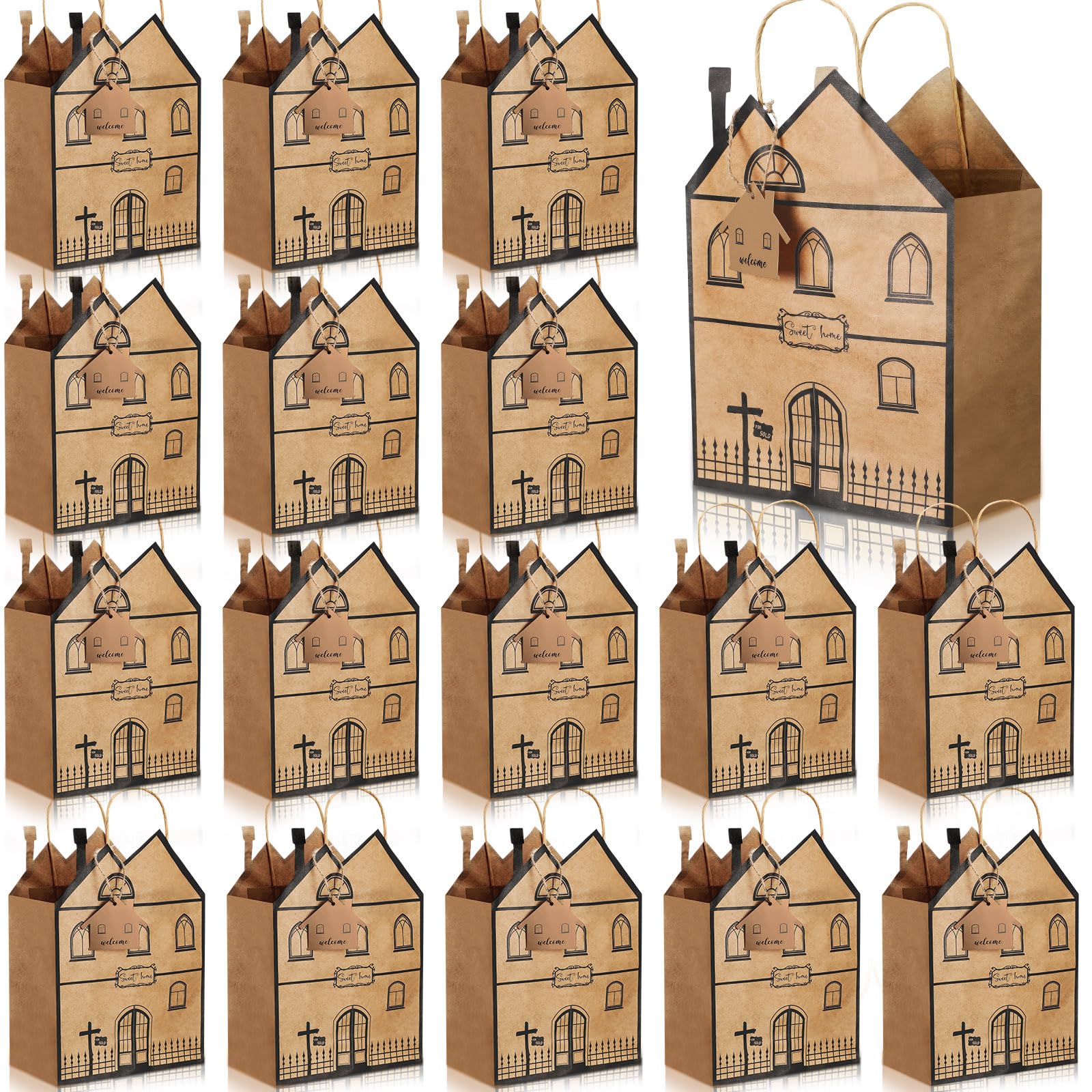 Geyoga 24 Pcs House Shaped Gift Bags for Real Estate Agents Supplies Kraft House Goodie Bags with Handles and 24 Mini Cute Cards Real Estate