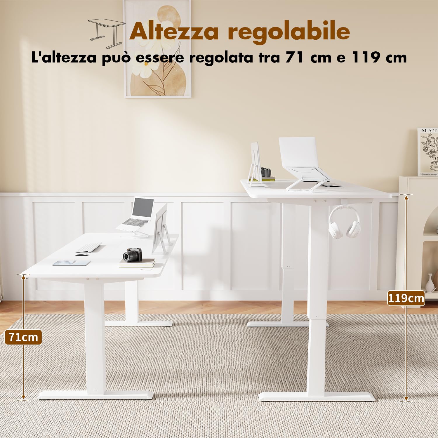 Devoko 140 x 60 cm scrivania elettrica regolabile in altezza con gancio per cuffie, altezza regolabile 71-119 cm, 2 altezze di memoria. scrivania da ufficio, camera da letto, stanza di studio (Bianco)