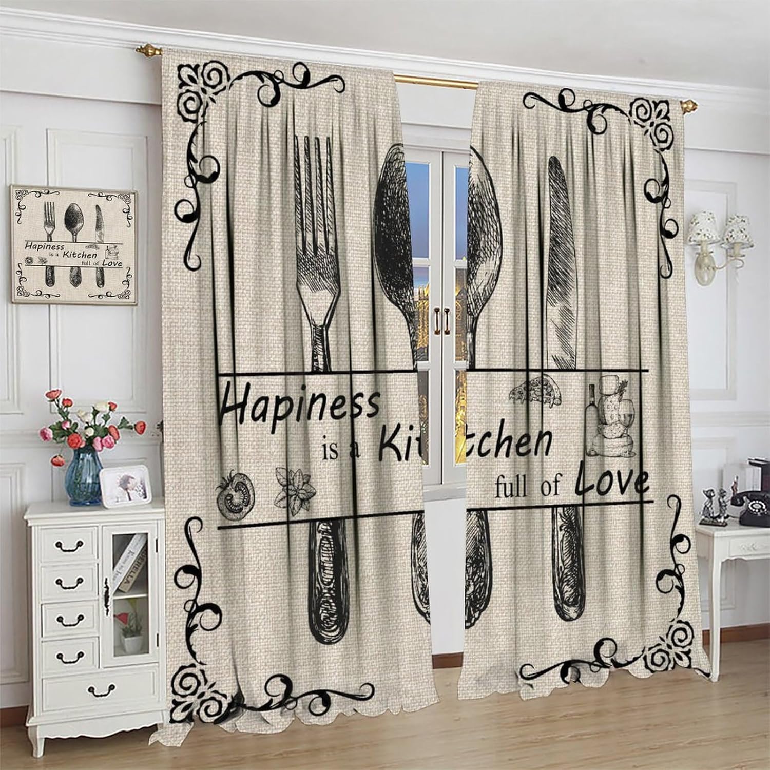 Rustic Farmhouse Kitchen Curtains, Vintage Fork Spoon Country Beige Linen Style Retro Printed Rod Pocket Window Drapes for Cafe Dining Room Living Room 52x84in
