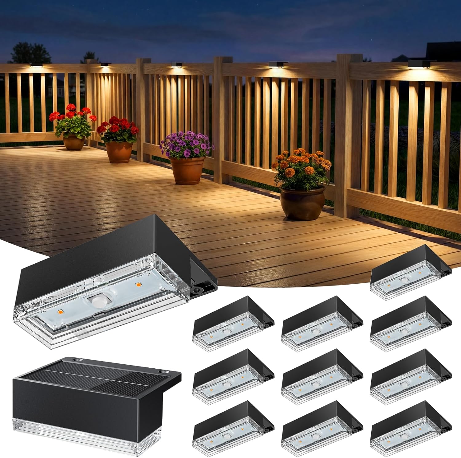 Solar Deck Lights 12 Pack, 3 Color Modes Soft Warm/Natural/Cool Glow, IP65 Waterproof Step Lights for Outdoor Ambiance, Solar Lights for Fence, Deck, Railing, Patio & Backyard Decor (Black)