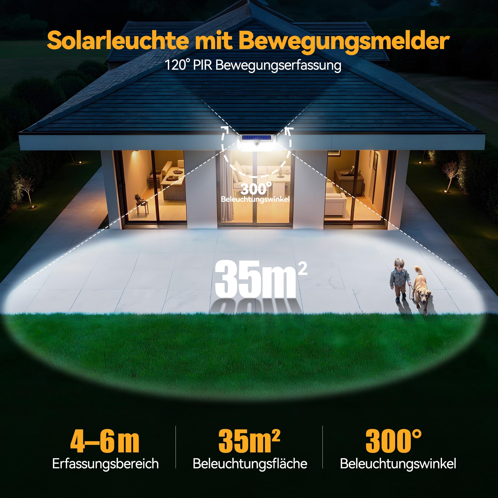 TECKNET Solarlicht für den Außenbereich, 4200 lm, 416 LEDs, für den Außenbereich, solarbetrieben | LED-Solarstrahler mit 300-Grad-Bewegung, 3 Modi, IP66, wasserdicht, für Garten, Garage, Hof, 4 Stück
